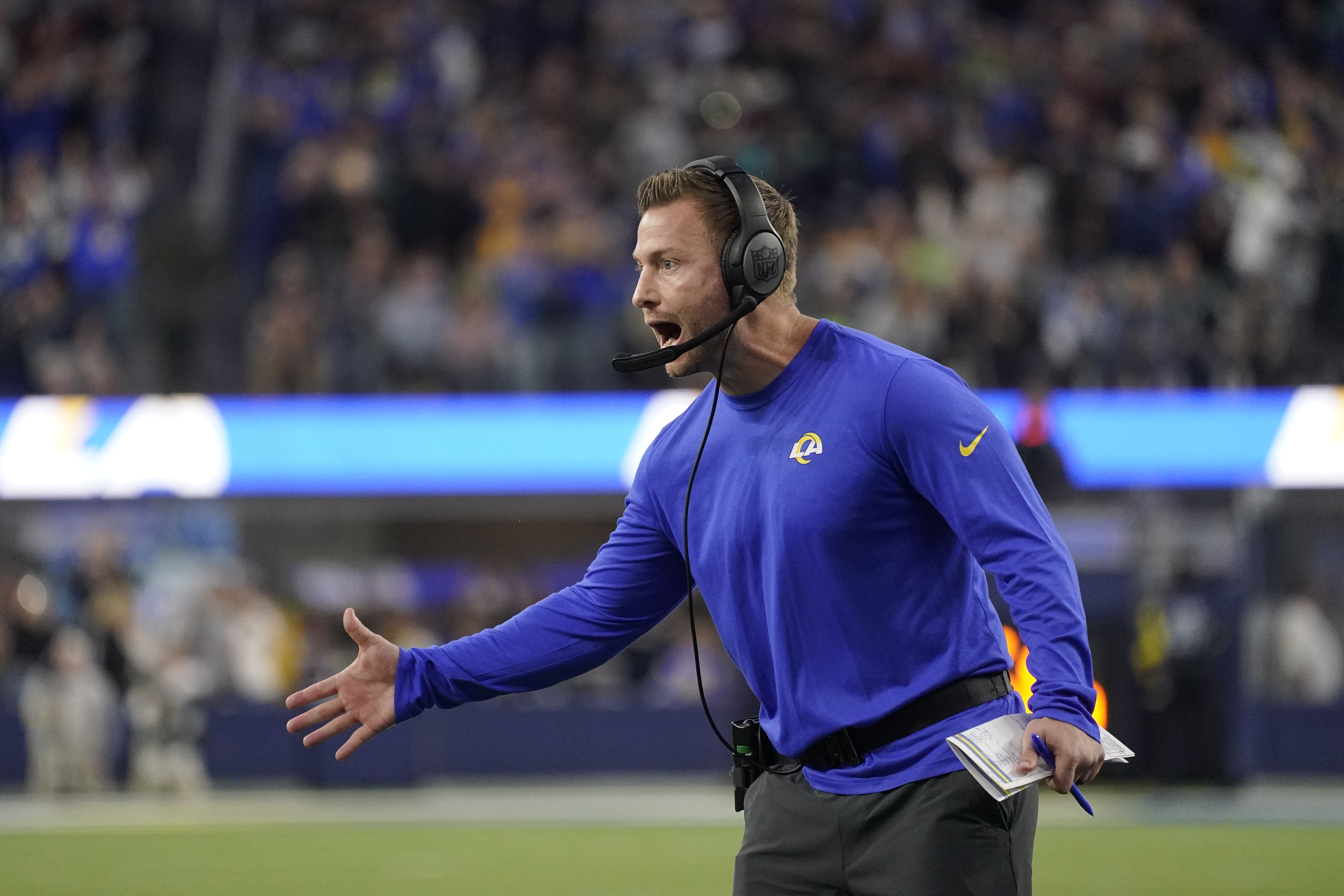 Los Angeles Rams head coach Sean McVay celebrates after a touchdown run by running back Cam Akers during the second half of an NFL football game against the Seattle Seahawks Sunday, Dec. 4, 2022, in Inglewood, Calif. 
