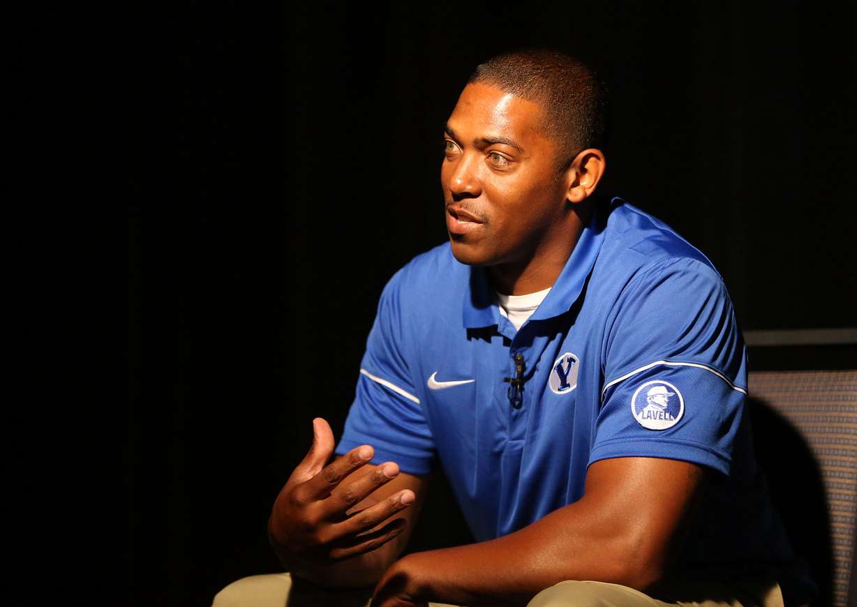 Jernaro Gilford, cornerbacks coach, answers questions during BYU Football Media Day at BYU Broadcasting in Provo, June 23, 2017.