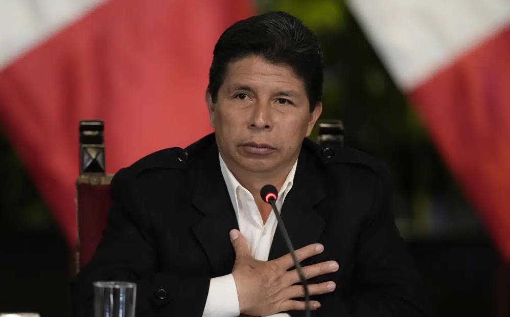 Peruvian President Pedro Castillo gives a press conference at the presidential palace in Lima, Peru, Oct. 11. On Wednesday Castillo faced a third impeachment attempt by Congress. 