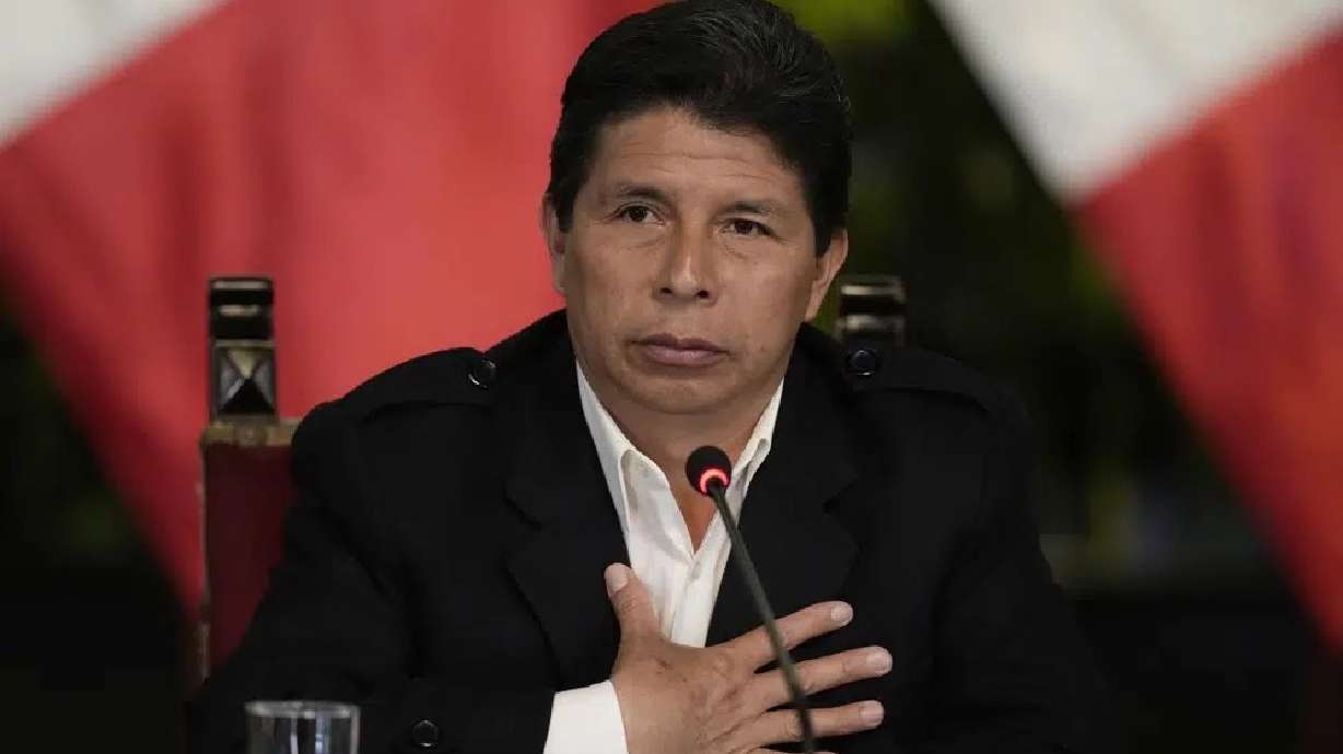 Peruvian President Pedro Castillo gives a press conference at the presidential palace in Lima, Peru, Oct. 11. On Wednesday Castillo faced a third impeachment attempt by Congress.
