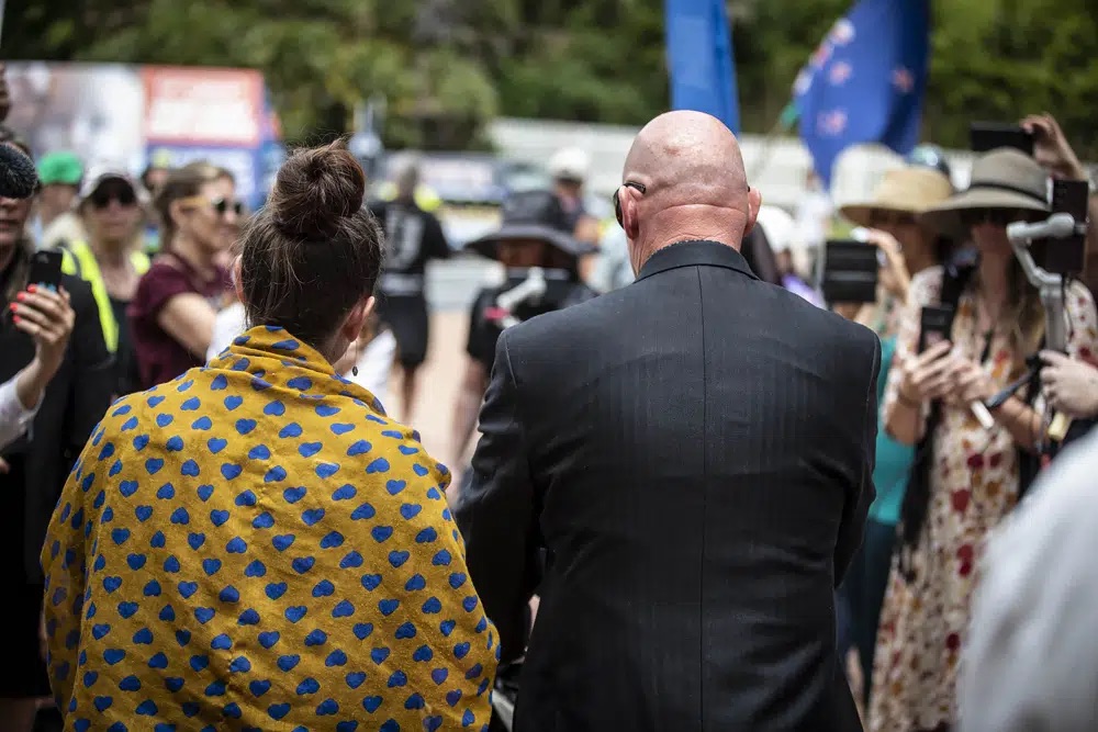 The mother and father of a 6-month-old baby who urgently needs a heart operation leave the High Court in Auckland, New Zealand, Tuesday. The court on Wednesday ruled against the family who had refused blood transfusions for their baby son unless the blood came from donors who had not been vaccinated against COVID-19.