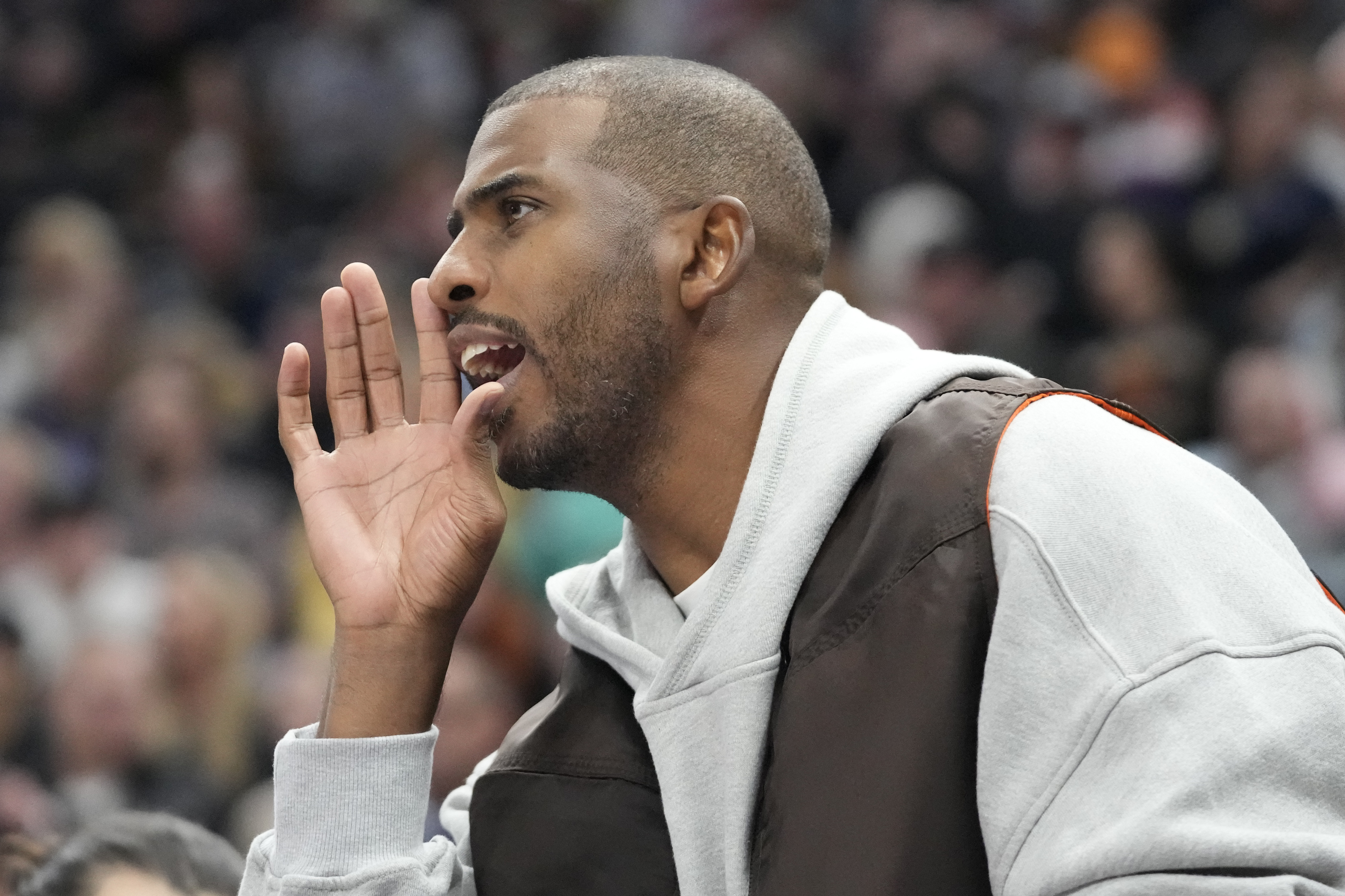 Phoenix Suns guard Chris Paul shouts to his teammates during the first half of an NBA basketball game against the Utah Jazz, Friday, Nov. 18, 2022, in Salt Lake City. 