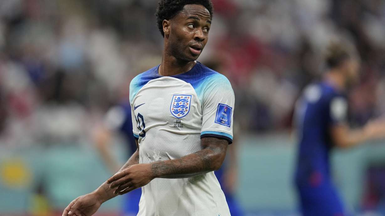 England's Raheem Sterling looks down the field during the World Cup group B soccer match between England and The United States, at the Al Bayt Stadium in Al Khor , Qatar, Friday, Nov. 25, 2022.