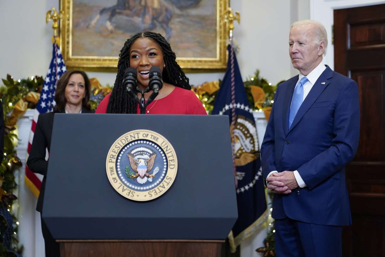 Cherelle Griner, Brittney Griner's wife, speaks in the Roosevelt Room of the White House, Thursday, in Washington, with President Joe Biden, right. Vice President Kamala Harris is left.