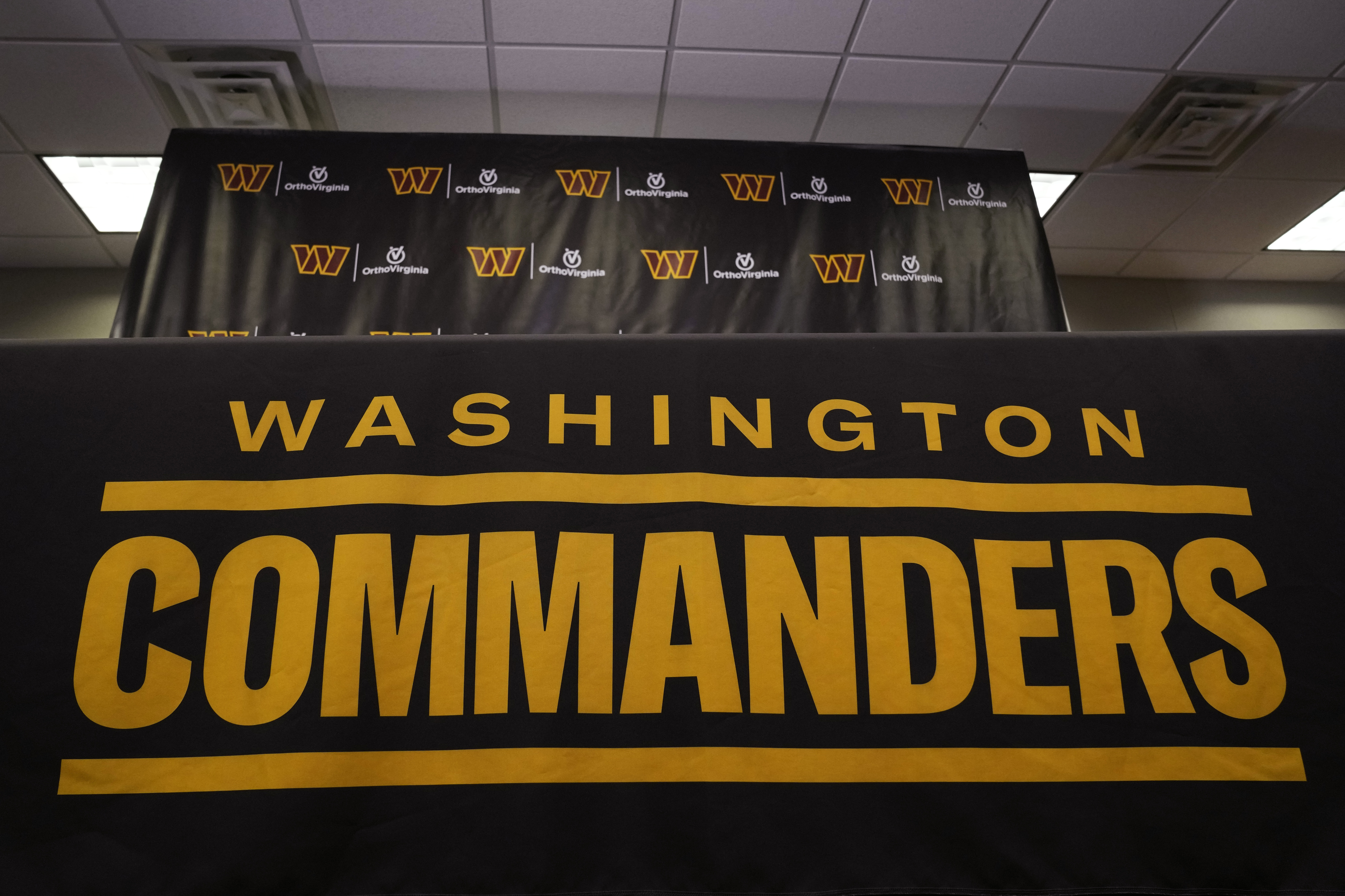 FILE - The Washington Commanders football team's name and logo is seen at the NFL football team's facility in Ashburn, Va., Nov. 10, 2022. According to a report published Thursday, Dec. 8, by the U.S. House Committee on Oversight and Reform, the Washington Commanders created a “toxic work culture” for more than two decades, “ignoring and downplaying sexual misconduct” by men at the top levels of the organization.