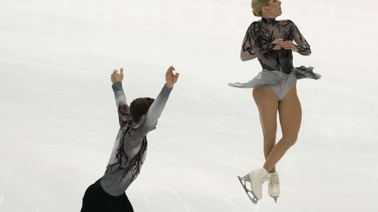 American pairs figure skaters Alexa Knierim and Brandon Frazier compete in the pairs' short program during the figure skating Grand Prix finals at the Palavela ice arena, in Turin, Italy, Thursday, Dec. 8, 2022.