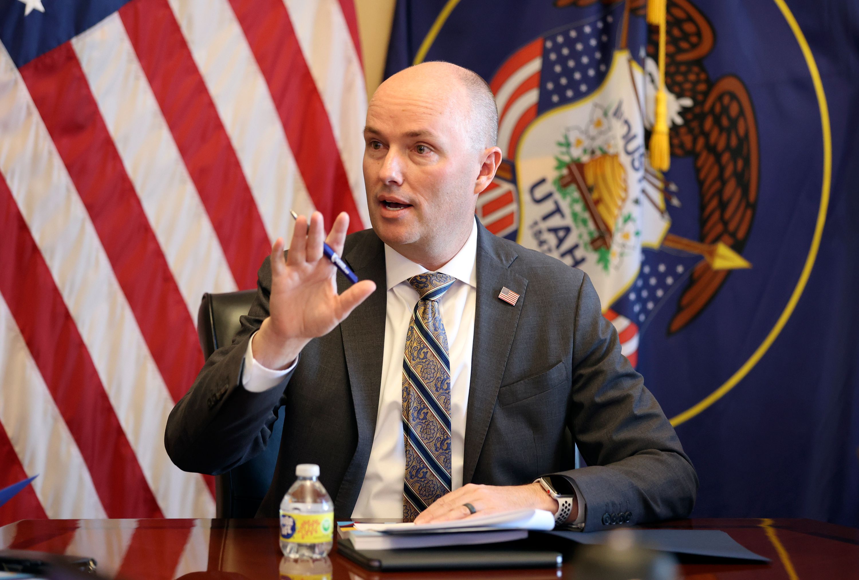 Gov. Spencer Cox talks about his fiscal year 2024 budget recommendations at the Capitol in Salt Lake City on Thursday.