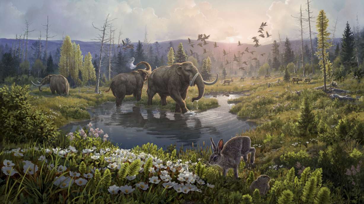 This illustration provided by researchers depicts Kap Kobenhavn, Greenland, two million years ago, when the temperature was significantly warmer than northernmost Greenland today. Scientists have analyzed two-million-year-old DNA extracted from dirt samples in the area, revealing an ancient ecosystem unlike anything seen on Earth today, including traces of mastodons and horseshoe crabs roaming the Arctic.