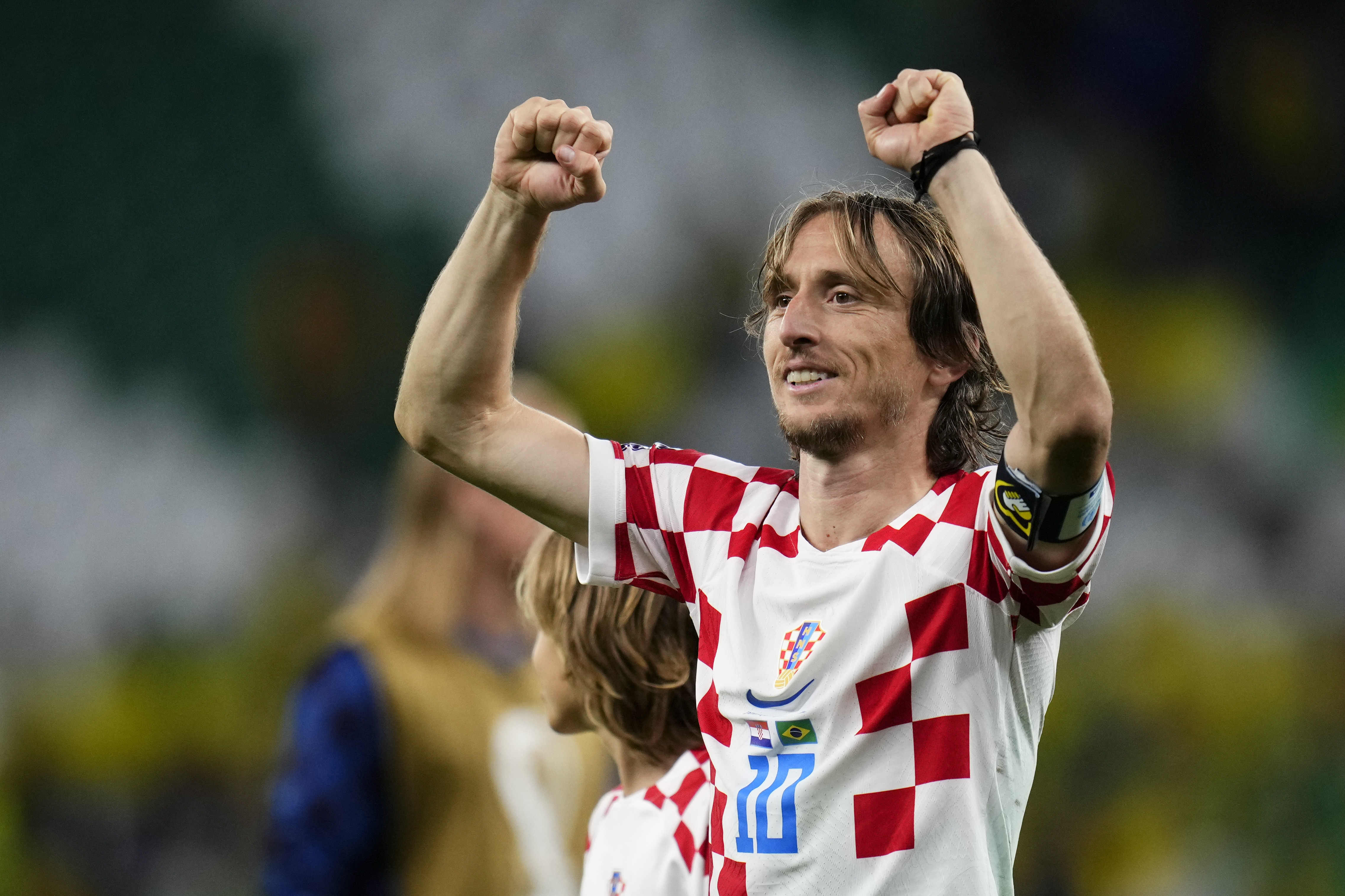 Luka Modric celebrates after Croatia defeated Brazil in a penalty shootout during a World Cup quarterfinal soccer match at the Education City Stadium in Al Rayyan, Qatar, Friday, Dec. 9, 2022.