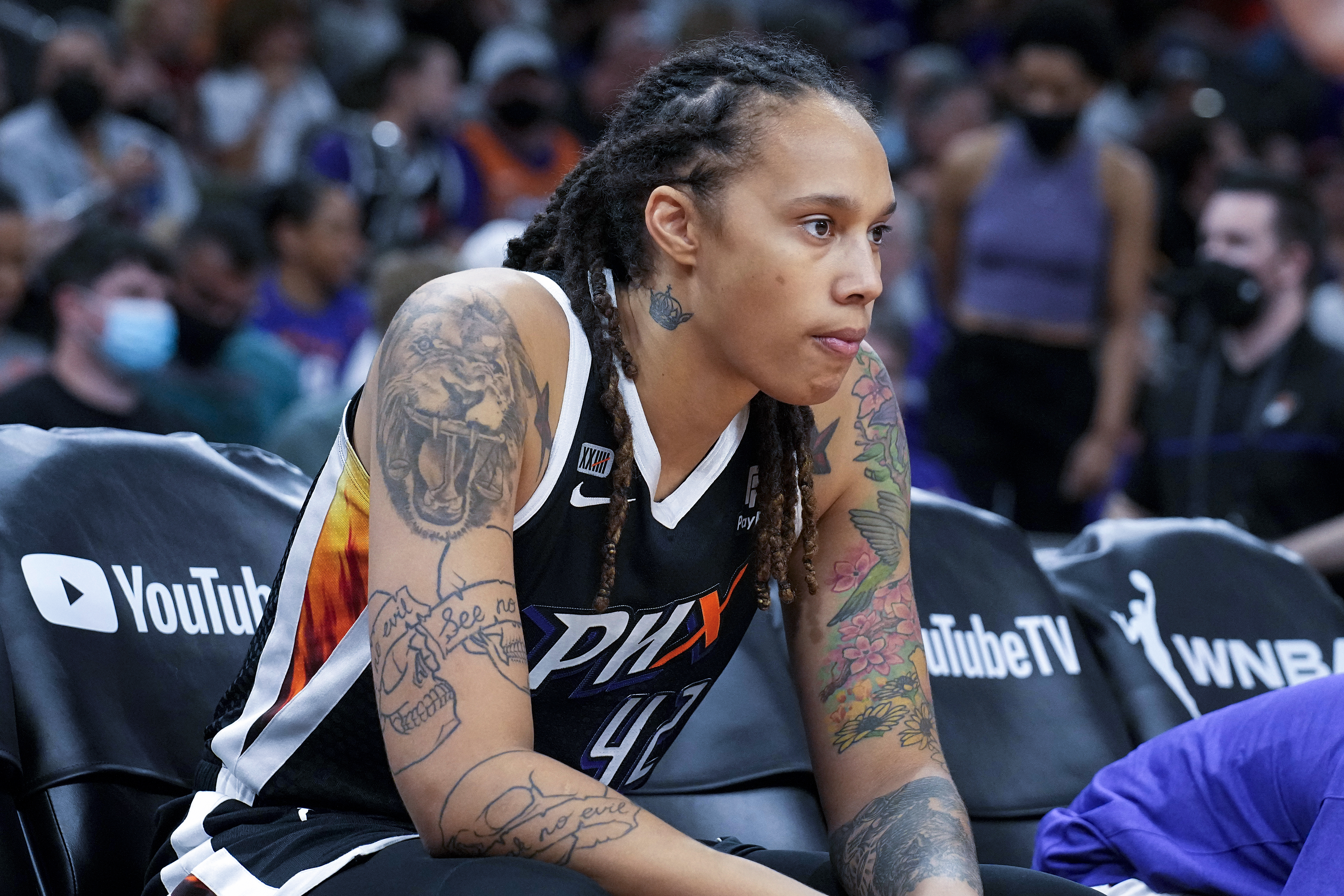 FILE - Phoenix Mercury center Brittney Griner sits during the first half of Game 2 of basketball's WNBA Finals against the Chicago Sky, Wednesday, Oct. 13, 2021, in Phoenix. Russia has freed WNBA star Brittney Griner in a dramatic high-level prisoner exchange, with the U.S. releasing notorious Russian arms dealer Viktor Bout. 