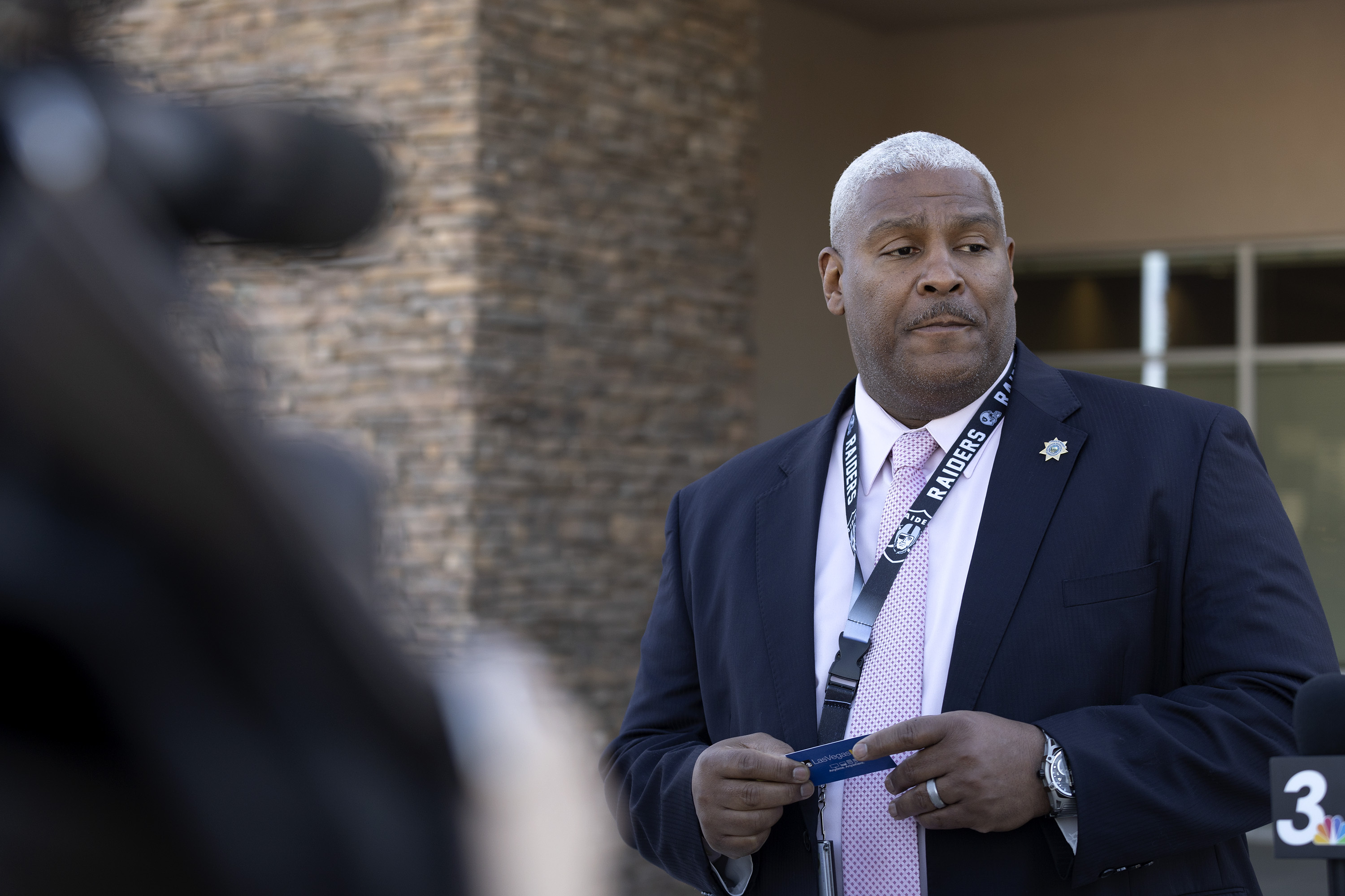 Nevada Department of Corrections deputy director Brian Williams speaks outside the Nevada Department of Corrections Casa Grande Transitional Housing Center Friday in Las Vegas. A group gathered to support the inmates at Ely State Prison who are on a hunger strike over what they say are abusive and violent conditions there. 
