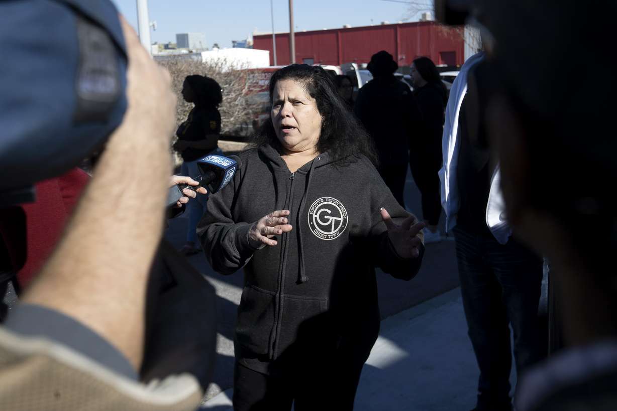 Nina Fernandez, whose son is an inmate at Ely State Prison, speaks to television reporters during a news conference outside the Nevada Department of Corrections Casa Grande Transitional Housing Center, Friday in Las Vegas.
