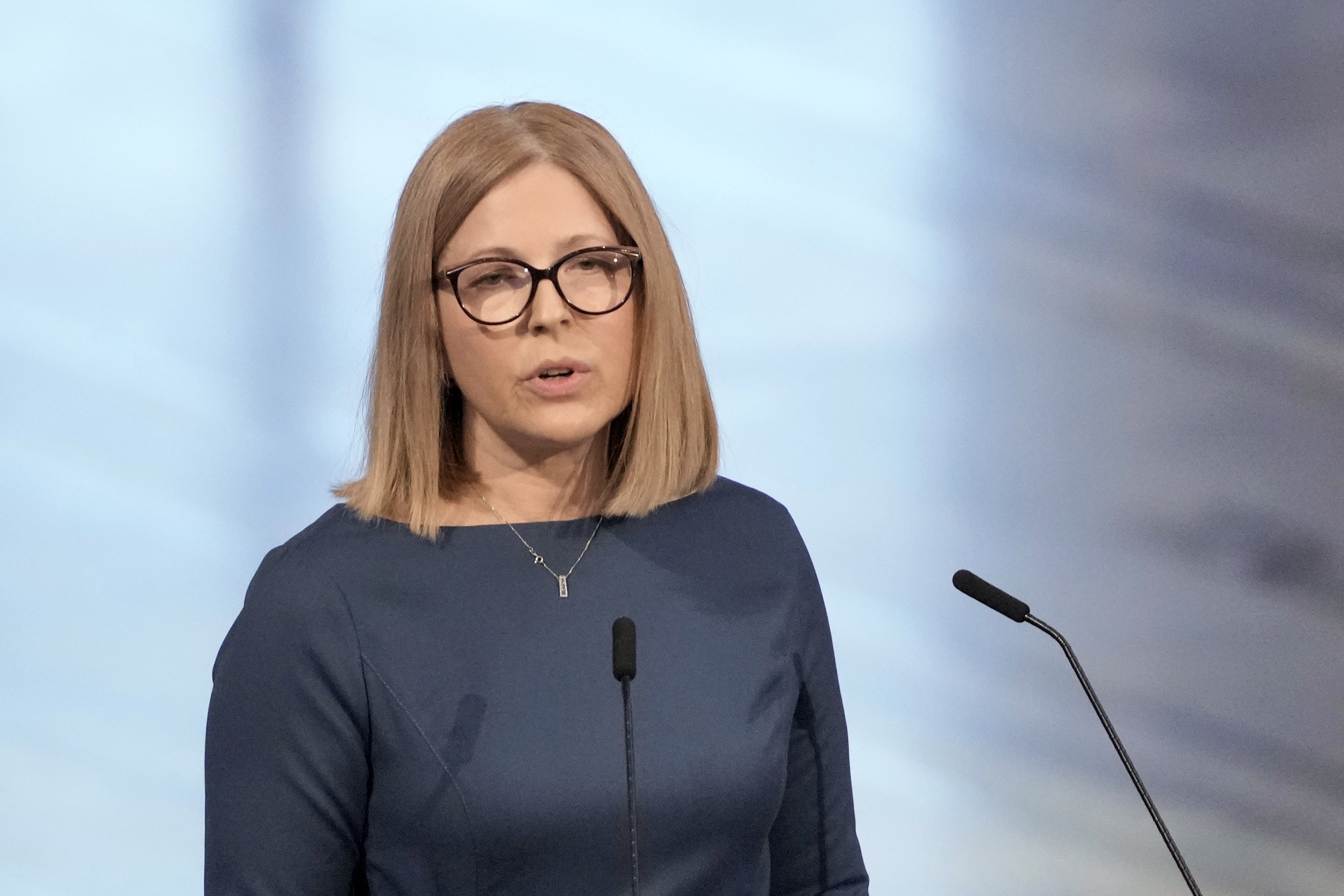 Natalia Pinchuk, the wife of Nobel Peace Prize winner Ales Bialiatski speaks during the Nobel Peace Prize ceremony at Oslo City Hall, Norway, Saturday, Dec. 10.