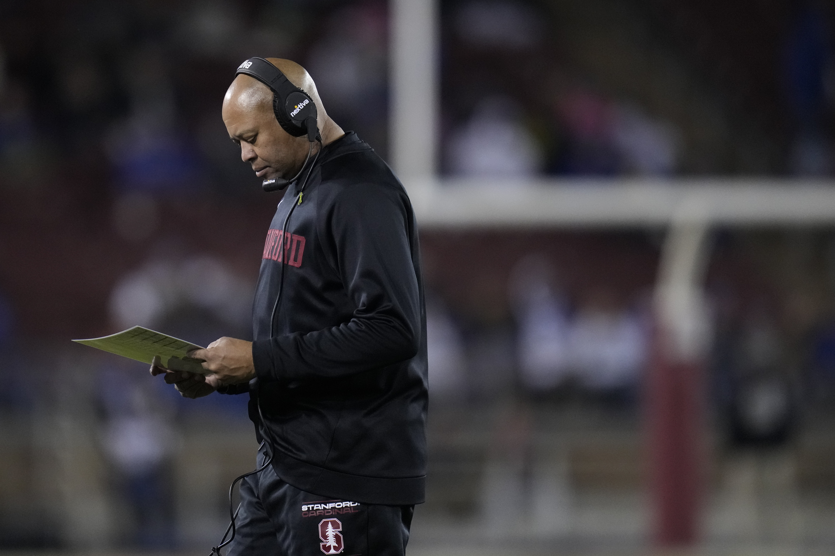 Stanford head coach David Shaw stands near the sideline during the second half of an NCAA college football game against BYU in Stanford, Calif., Saturday, Nov. 26, 2022. 