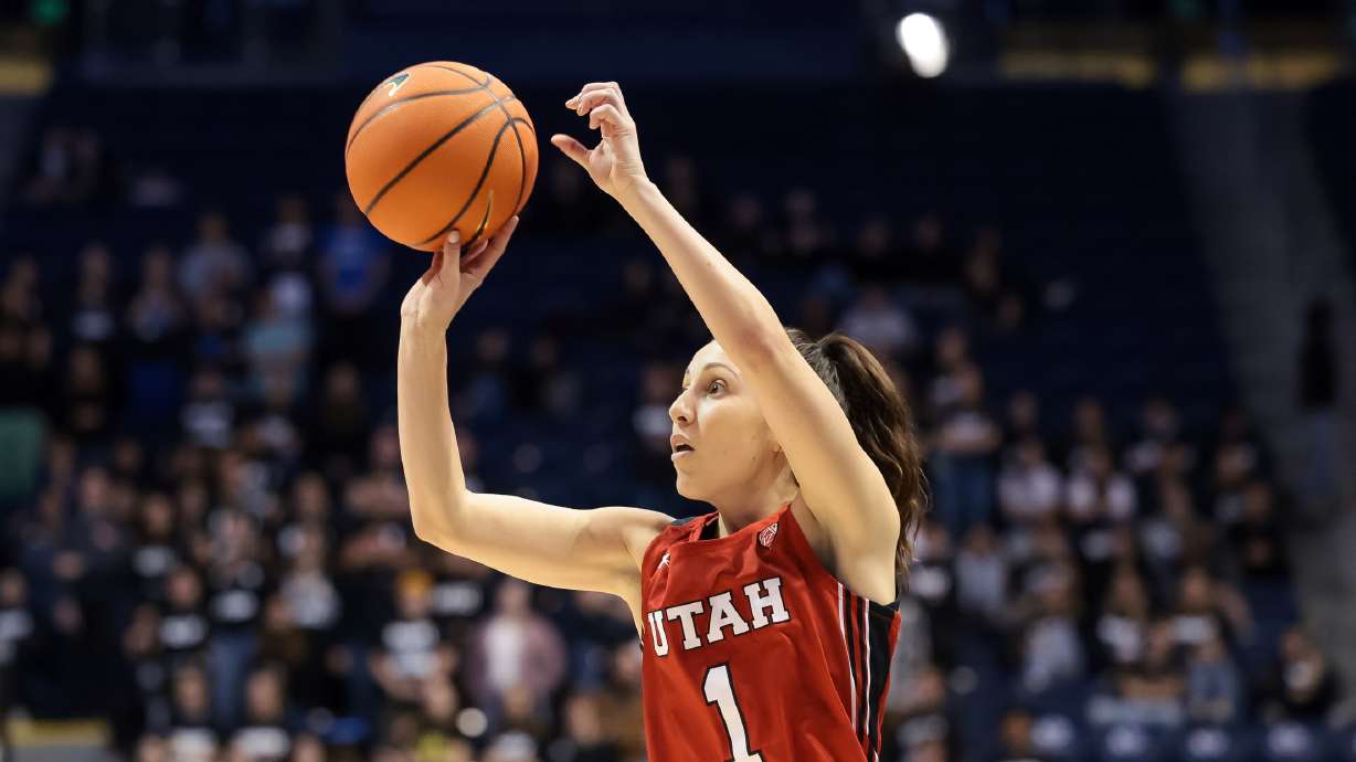 Utah Utes guard Isabel Palmer (1) sinks a three during a game against the BYU Cougars at the Marriott Center in Provo on Saturday, Dec. 10, 2022.