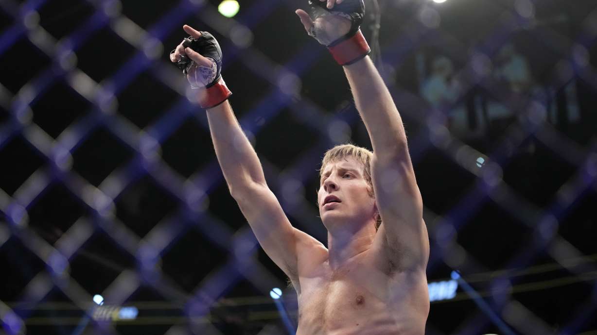 Paddy Pimblett celebrates after defeating Jared Gordon during a UFC 282 mixed martial arts lightweight bout Saturday, Dec. 10, 2022, in Las Vegas.