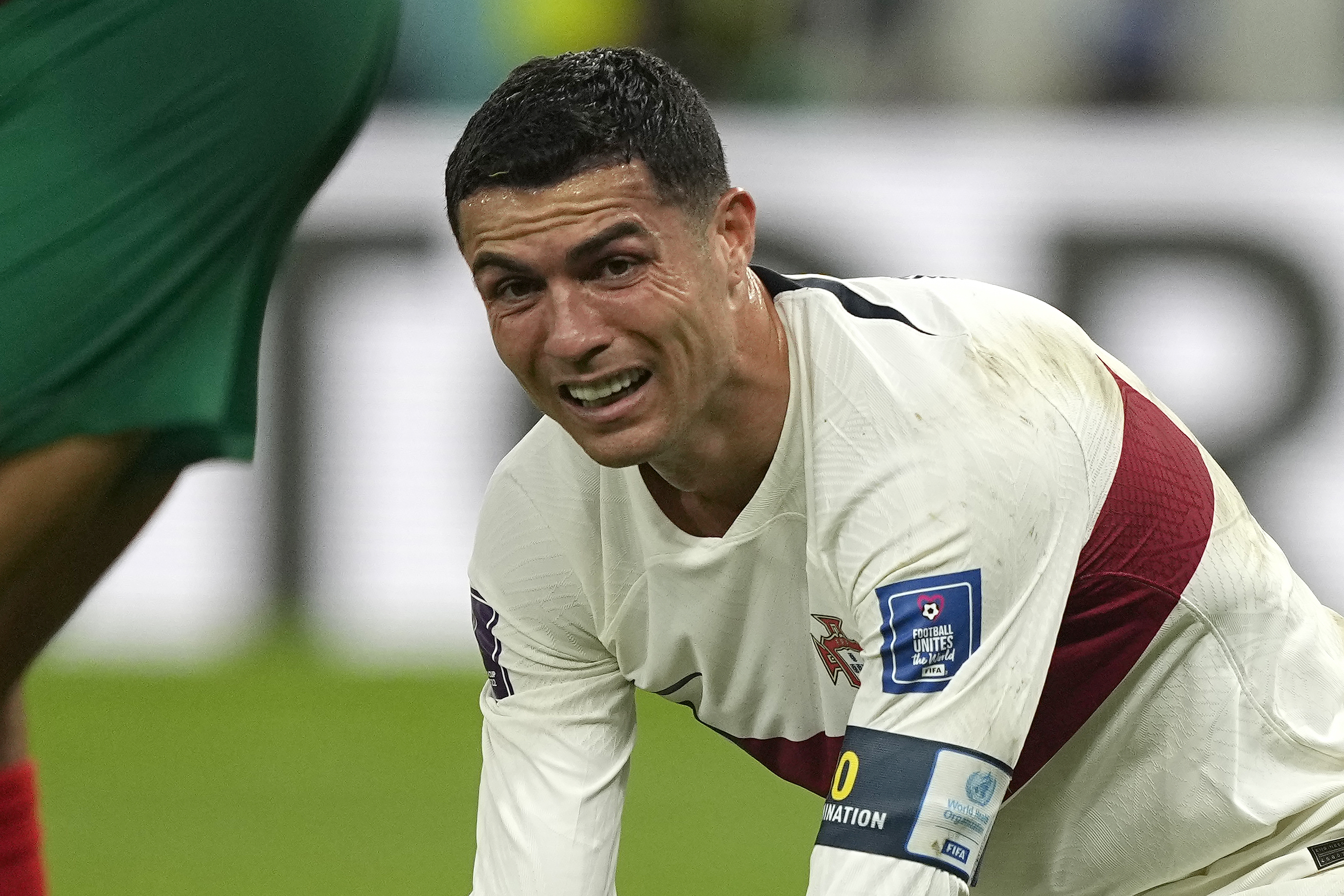 Portugal's Cristiano Ronaldo reacts after missing an opportunity to score during the World Cup quarterfinal soccer match between Morocco and Portugal, at Al Thumama Stadium in Doha, Qatar, Saturday, Dec. 10, 2022. 