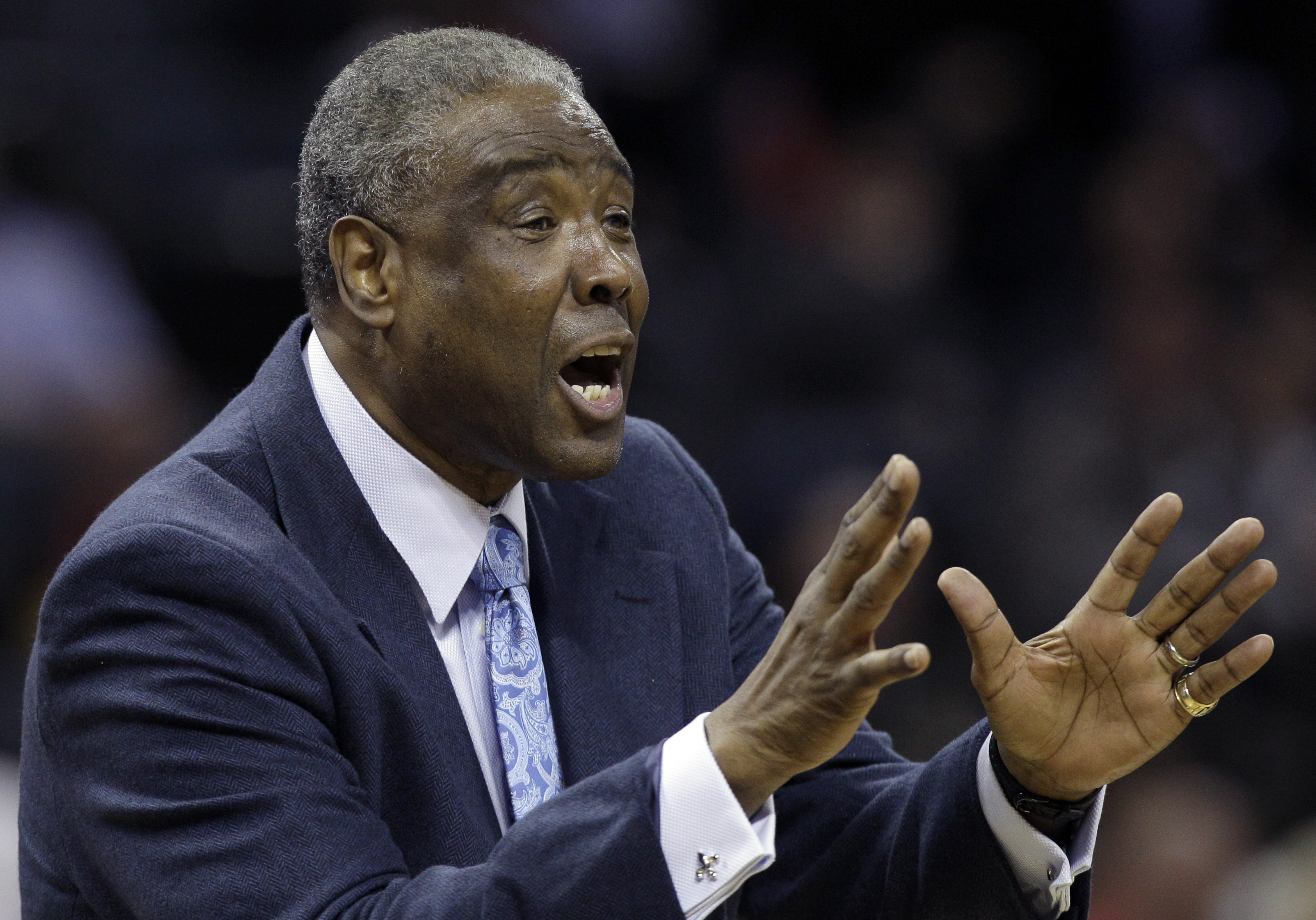 FILE - Charlotte Bobcats coach Paul Silas argues a call during the first half of an NBA basketball game against the Chicago Bulls in Charlotte, N.C., April 18, 2012. Silas, a member of three NBA championship teams, has died, his family announced Sunday, Dec. 11, 2022. He was 79. 