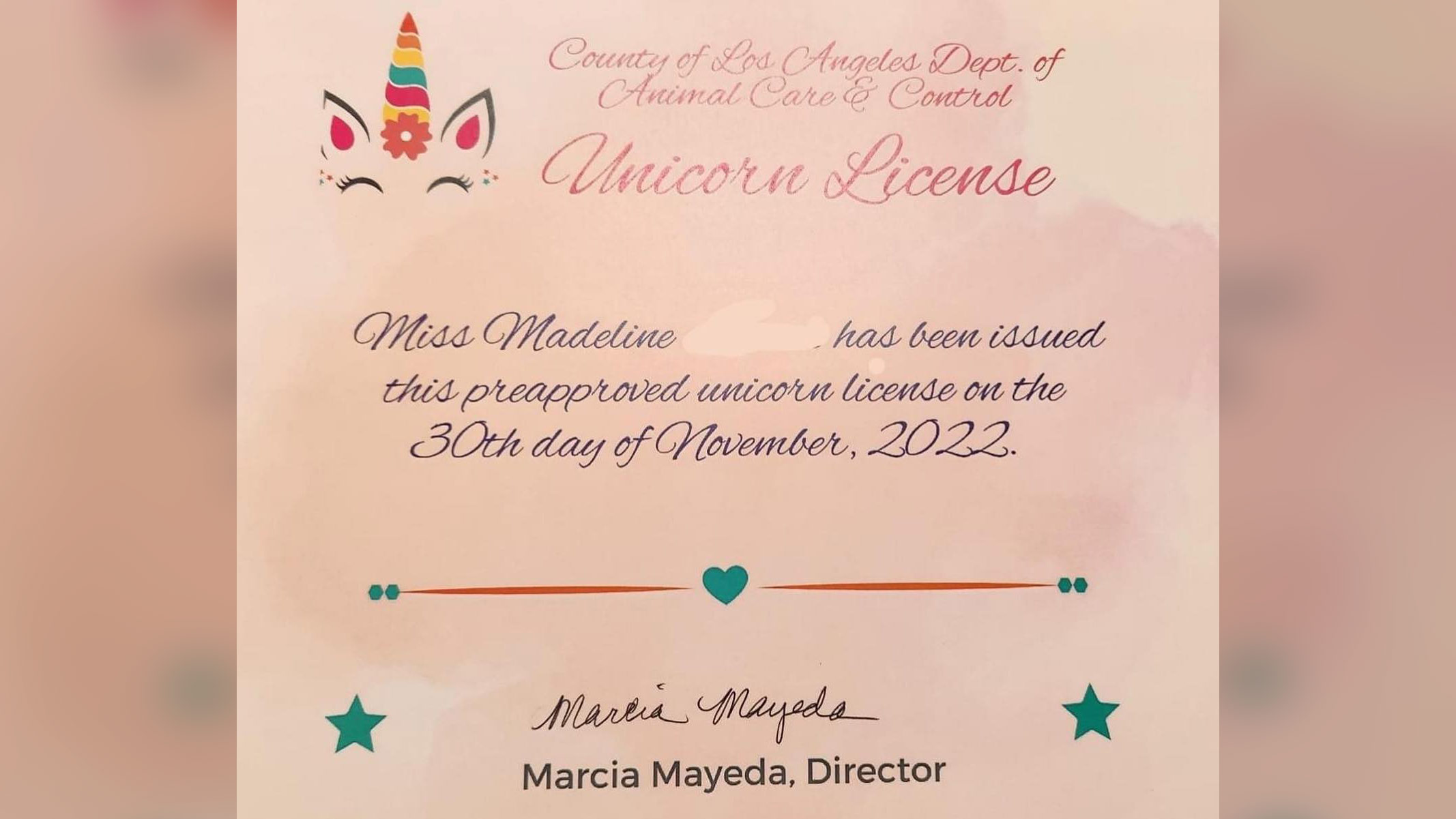 The Los Angeles County Department of Animal Care and Control has issued its first ever unicorn license. A portion of this image has been obscured by the Los Angeles County Department of Animal Care and Control to protect personal information.
