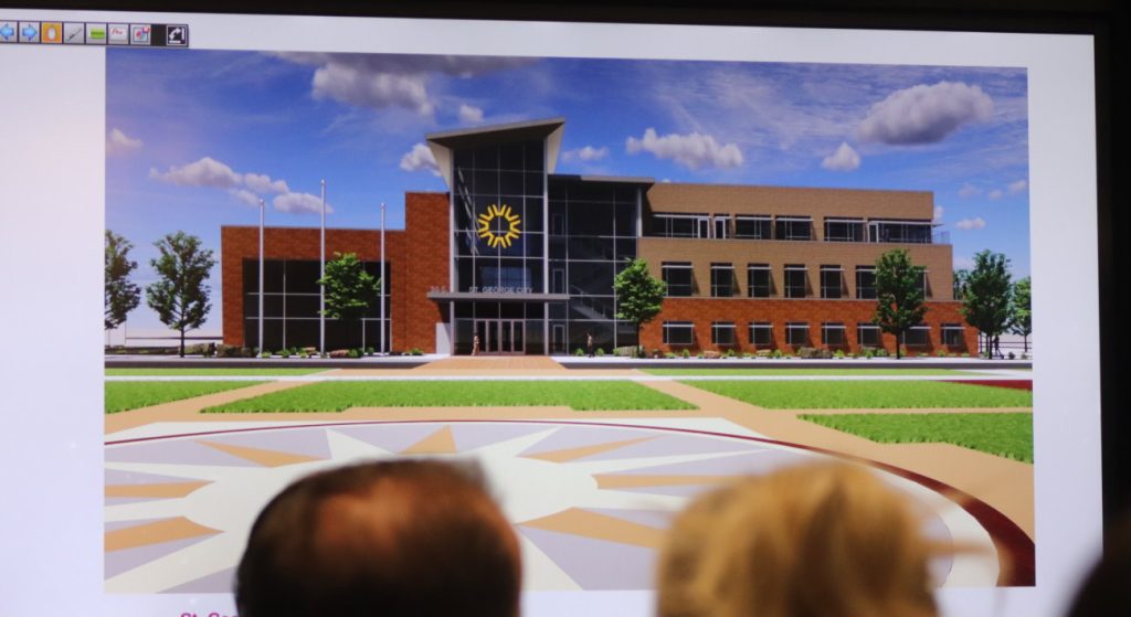 A rendering of a proposed design for the new St. George Town Hall to be built on Main Street across from the Town Square shared with the St. George City Council Thursday. 