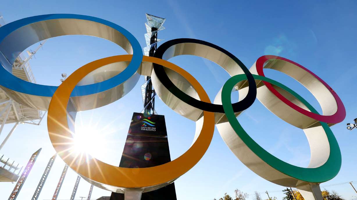 The Olympic rings and cauldron from the 2002 Winter Games are pictured at Rice-Eccles Stadium at the University of Utah in Salt Lake City on Oct. 31.
