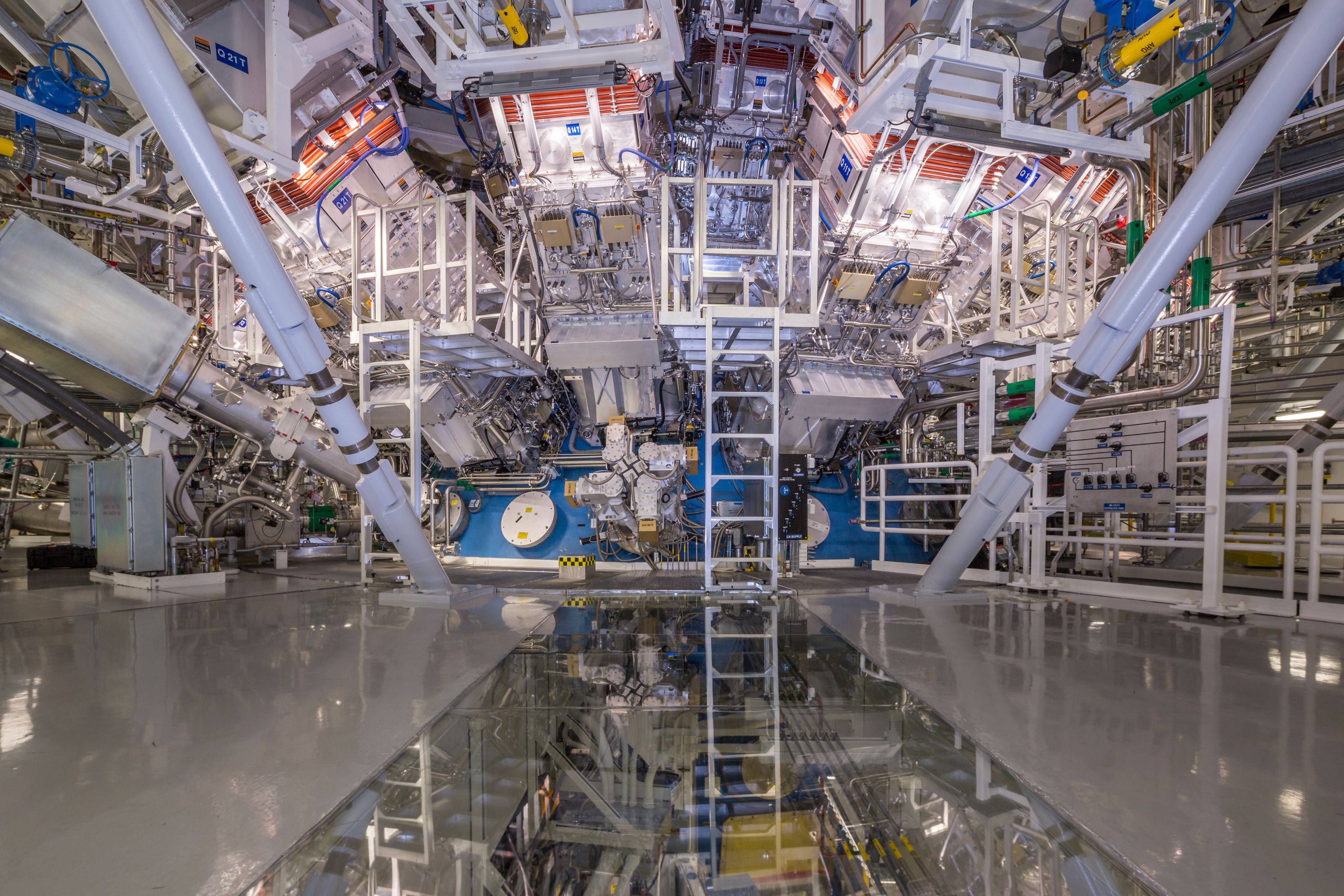 The target bay at the Lawrence Livermore National Laboratory’s National Ignition Facility in California is pictured. The facility’s 192 laser beams converge at the center of this giant sphere to make the tiny hydrogen fuel pellet implode