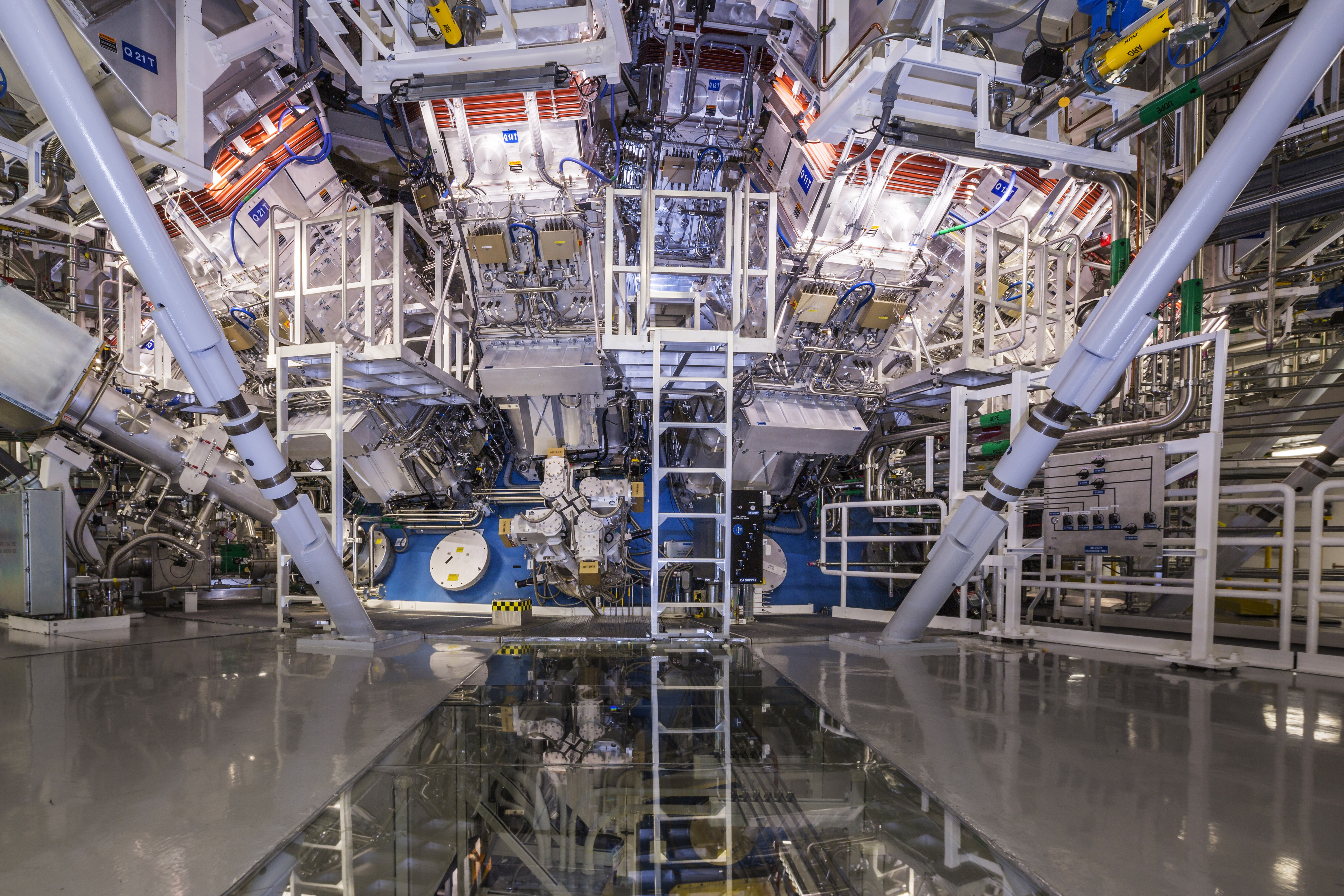 The National Ignition Facility at the Lawrence Livermore National Laboratory in Livermore, Calif. The system uses 192 laser beams converging at the center of this giant sphere to make a tiny hydrogen fuel pellet implode. 