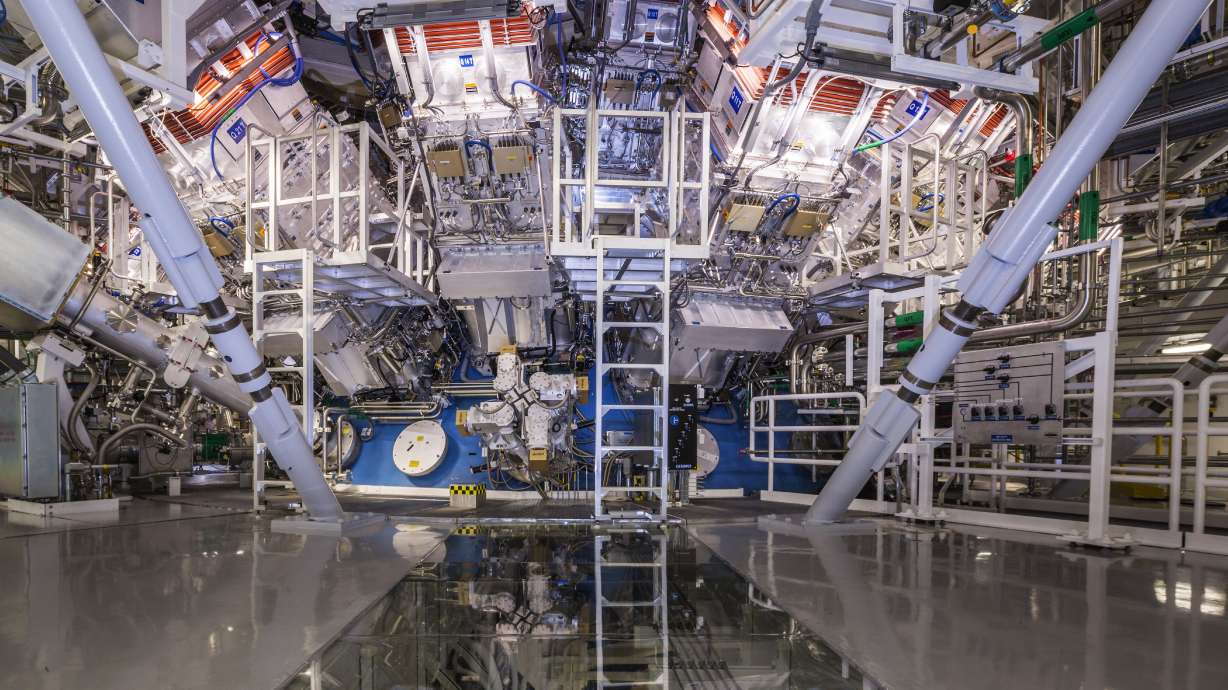 The National Ignition Facility at the Lawrence Livermore National Laboratory in Livermore, Calif. The system uses 192 laser beams converging at the center of this giant sphere to make a tiny hydrogen fuel pellet implode.
