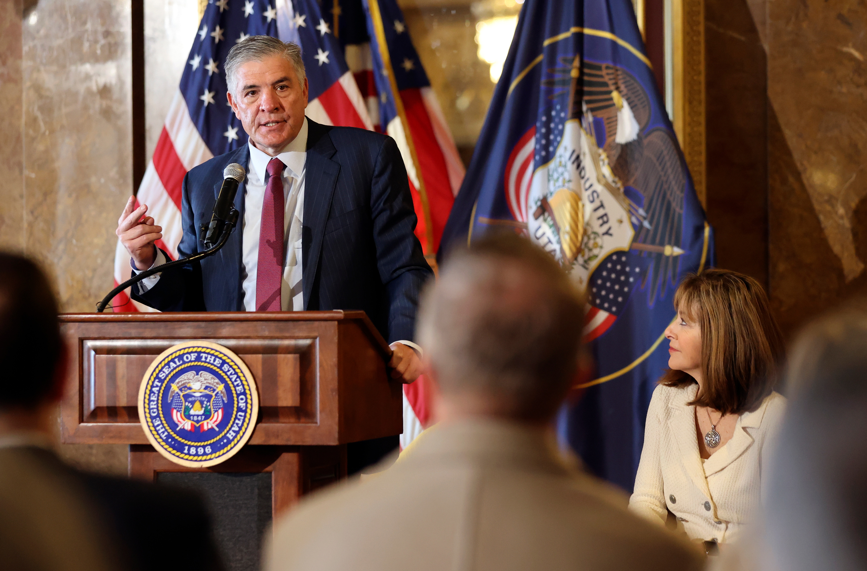 David Woolstenhulme, Utah System of Higher Education commissioner, speaks during a press conference about the state’s effort to eliminate bachelor’s degree requirements for state employees at the Capitol in Salt Lake City on Tuesday.