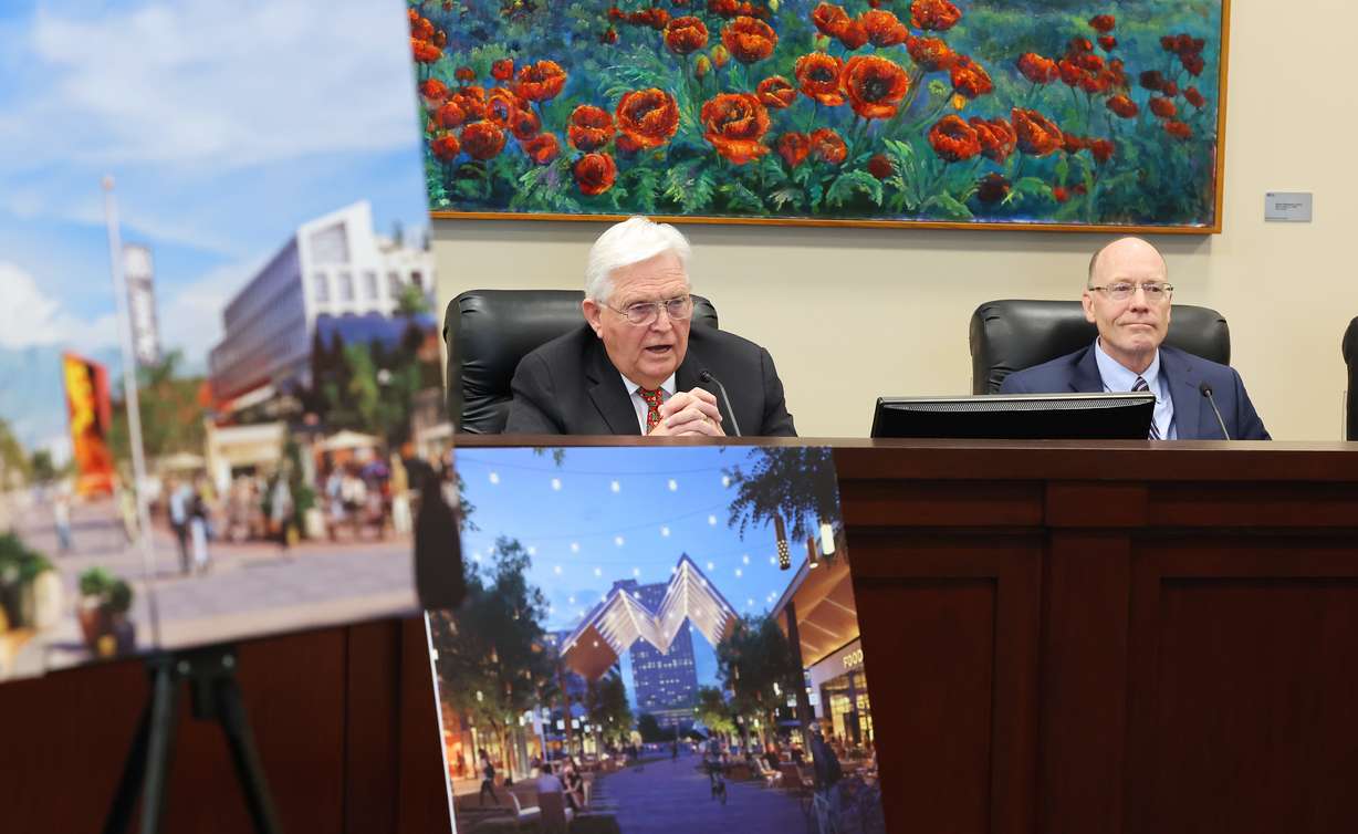 Rep. Lowry Snow, R-Santa Clara, co-chair, The Point of the Mountain State Land Authority, and Alan Matheson, executive director, The Point, attend a meeting where a three-dimensional model of the first phase of The Point development in Draper is shown on Tuesday, Dec. 13, 2022.