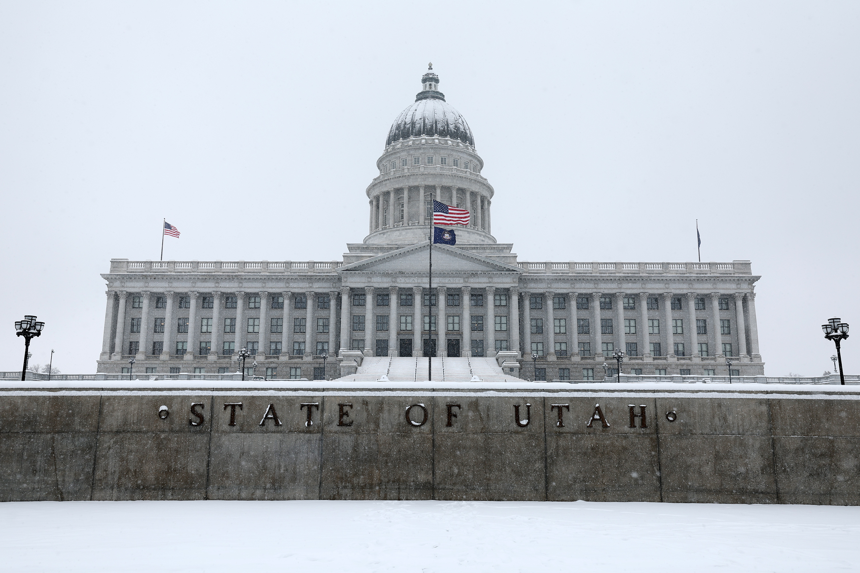 Snow piles up at the Capitol in Salt Lake City on Tuesday. The Executive Appropriations Committee on Tuesday set aside $400 million for tax cuts in the 2023 general session.