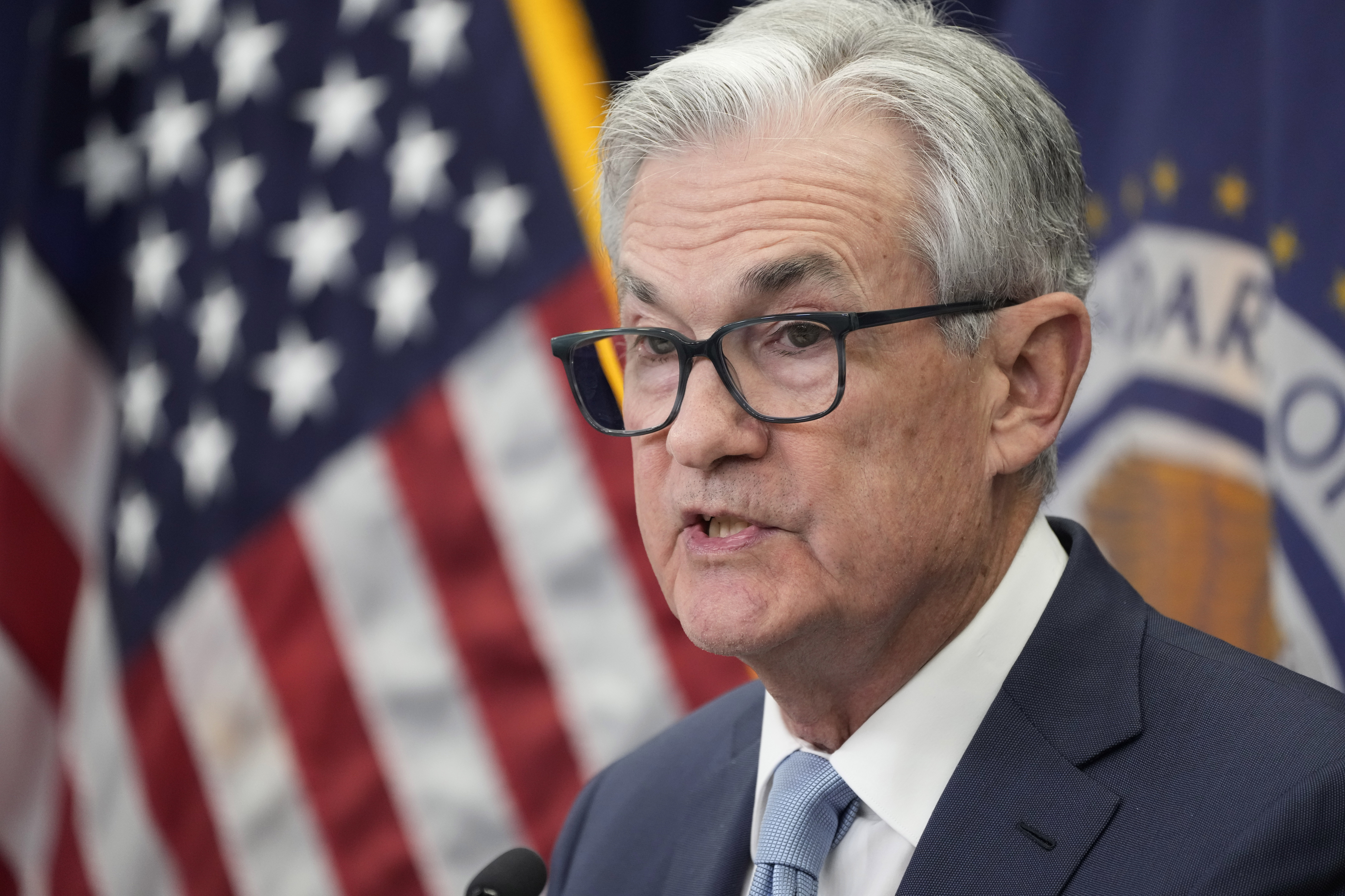 Federal Reserve Chair Jerome Powell speaks during a news conference Wednesday, at the Federal Reserve Board Building, in Washington. The Federal Reserve reinforced its inflation fight by raising its key interest rate for the seventh time this year and signaling more hikes to come.