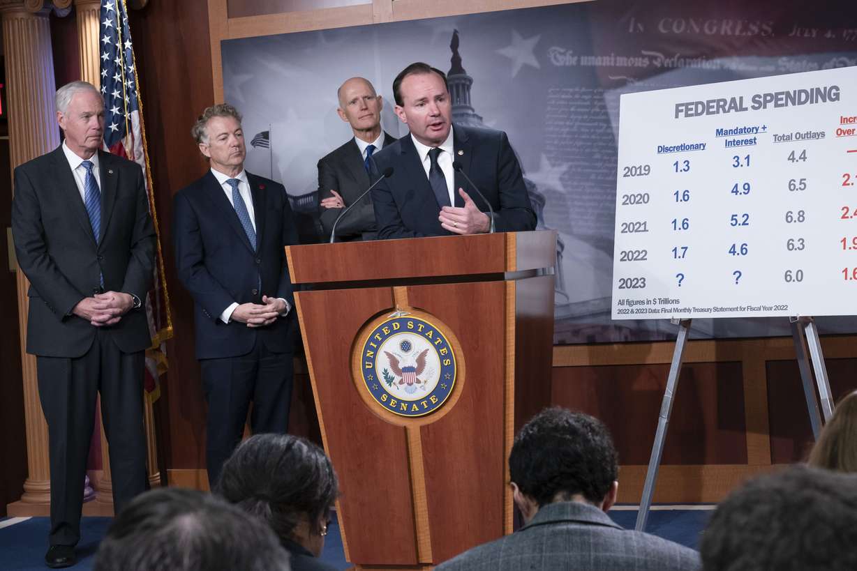 A group of Republican senators, from left, Sen. Ron Johnson, R-Wis.; Sen. Rand Paul, R-Ky.; Sen. Rick Scott, R-Fla.; and Sen. Mike Lee, R-Utah, criticize Democratic spending and the current process to fund the government, during a news conference at the Capitol in Washington, Wednesday.