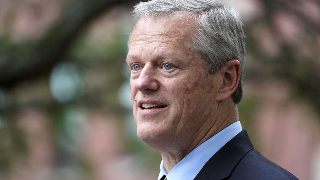 FILE - Massachusetts Gov. Charlie Baker speaks during a Juneteenth commemoration in Boston's Nubian Square, June 18, 2021. Charlie Baker will be the next president of the NCAA, replacing Mark Emmert as the head of the largest college sports governing body in the country.