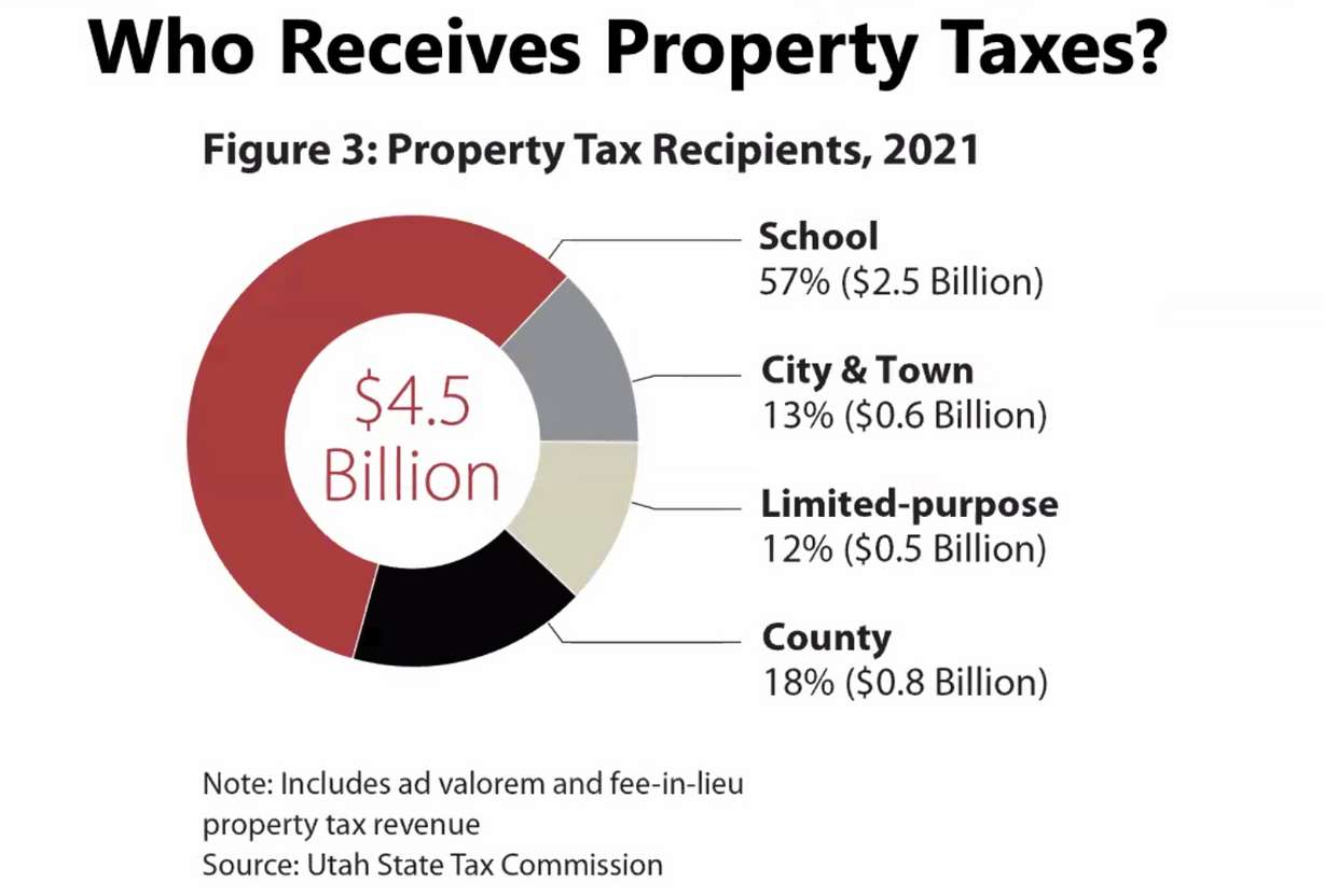 This graphic shows where 2021 property tax revenues went. About $2.5 billion, or 57% of the revenue, ended up going toward schools.