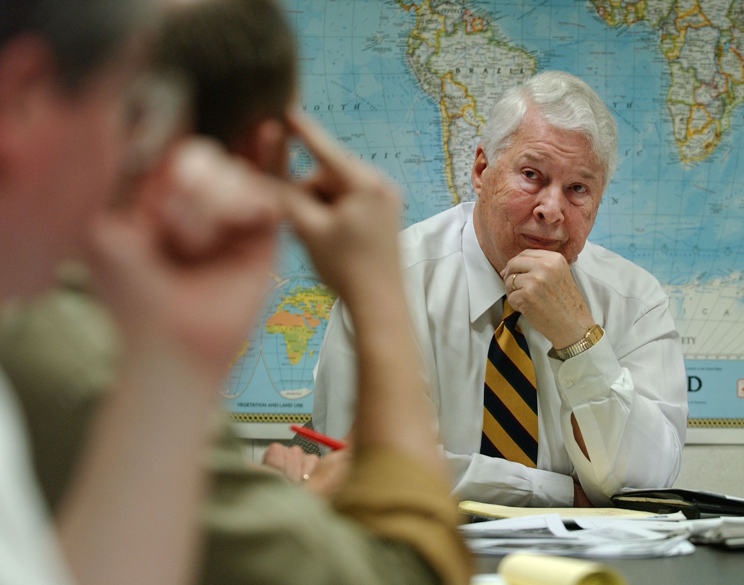 John Hughes listens during the 4:30 meeting of the Deseret News editors at the newspaper’s building in Salt Lake City on Dec. 14, 2006. The former Deseret News Editor died Wednesday at age 92.