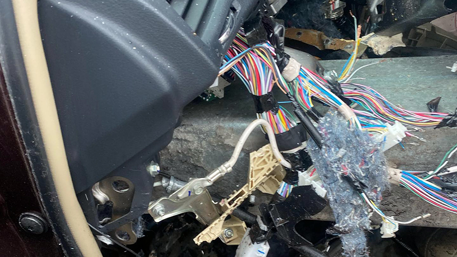 An image of the inside of Renae Hilton's vehicle after her family says it slid on ice Tuesday morning, sending her crashing into a guard rail and leaving her badly injured. Candace Rivera stopped to help.