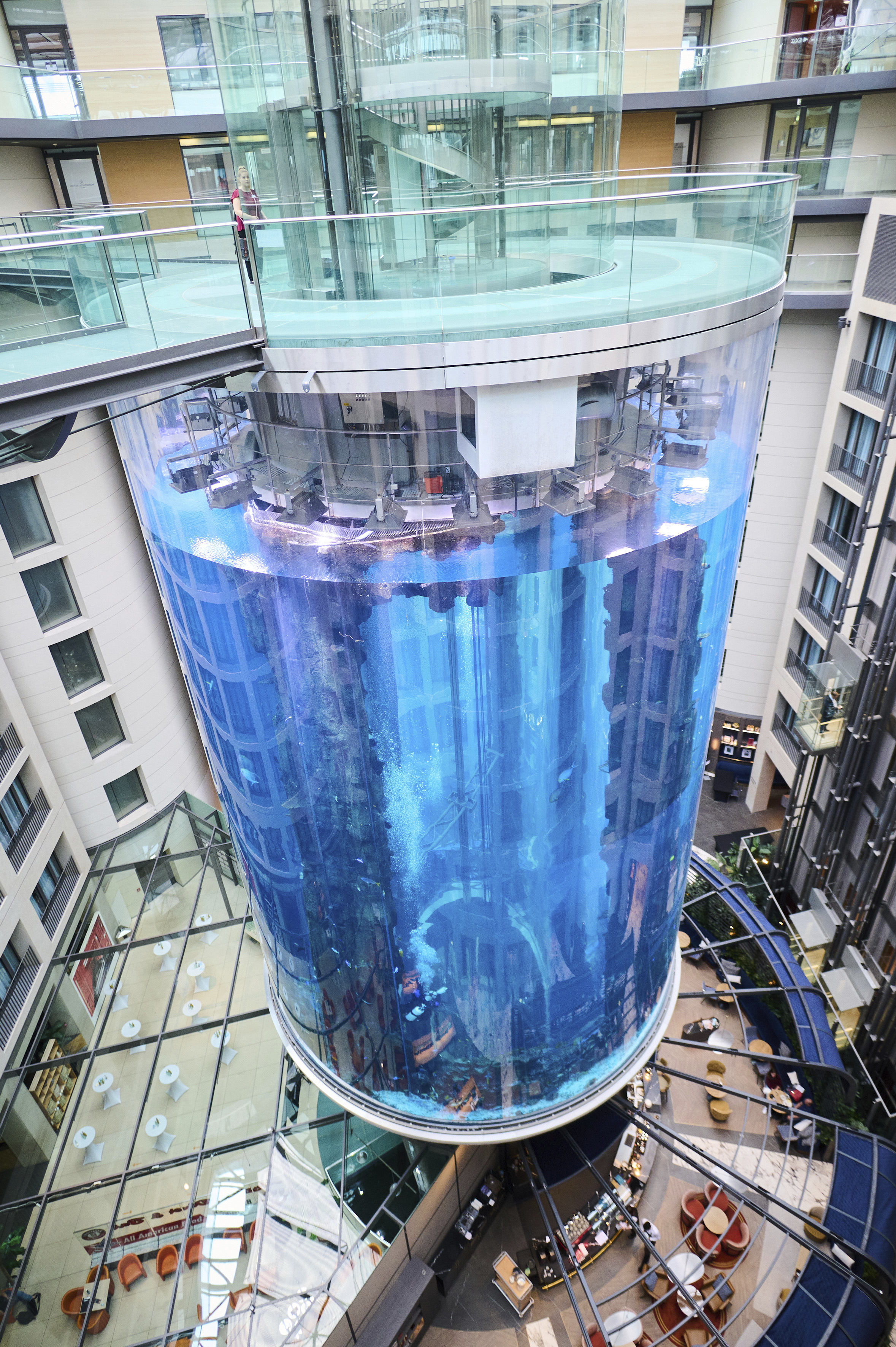 The AquaDom aquarium at the Sea Life tourist attraction in Berlin, Wednesday, June 1. Operators say the aquarium has the biggest cylindrical tank in the world. It contained 1,500 tropical fish before it burst on Friday, killing almost all of the fish.