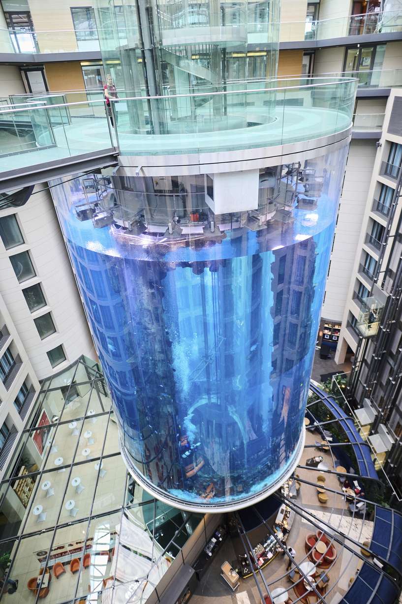 The AquaDom aquarium at the Sea Life tourist attraction in Berlin, Wednesday, June 1. Operators say the aquarium has the biggest cylindrical tank in the world. It contained 1,500 tropical fish before it burst on Friday, killing almost all of the fish.