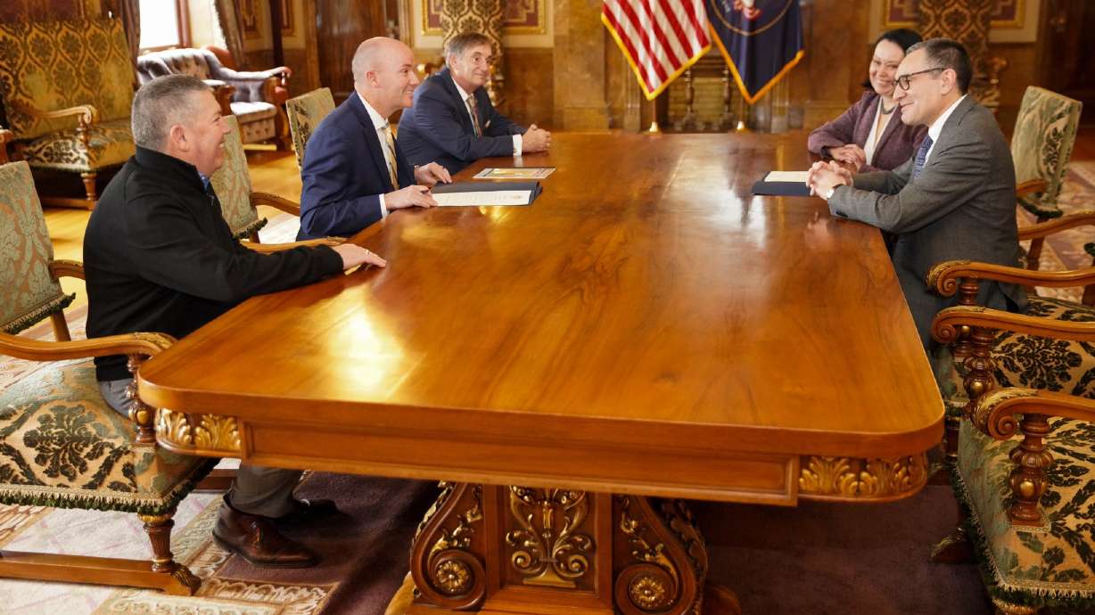 José V. Borjón, right, head consul of the Mexican Consulate in Salt Lake City, meets with Gov. Spencer Cox for a ceremony recognizing Borjón's contributions to Utah.