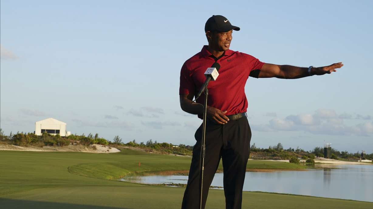 Tiger Woods speaks during the trophy ceremony of the Hero World Challenge PGA Tour at the Albany Golf Club, in New Providence, Bahamas, Sunday, Dec. 4, 2022.