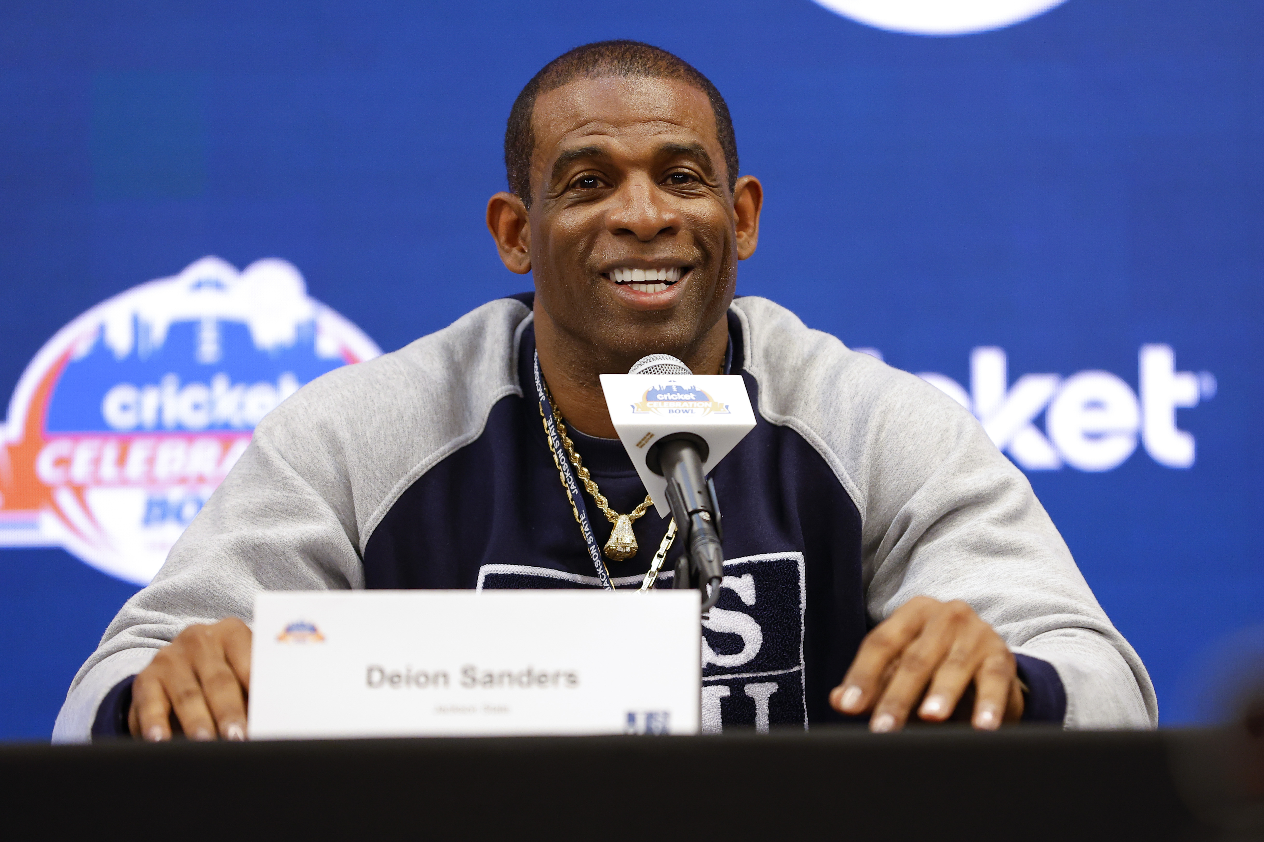 Deion Sanders speaks during a news conference for the Celebration Bowl NCAA college football game between North Carolina Central and Jackson State, Friday, Dec. 16, 2022 in Atlanta. Jackson State is looking to wrap up its first undefeated season in its final game under coach Deion Sanders, who has been hired as Colorado's coach. 