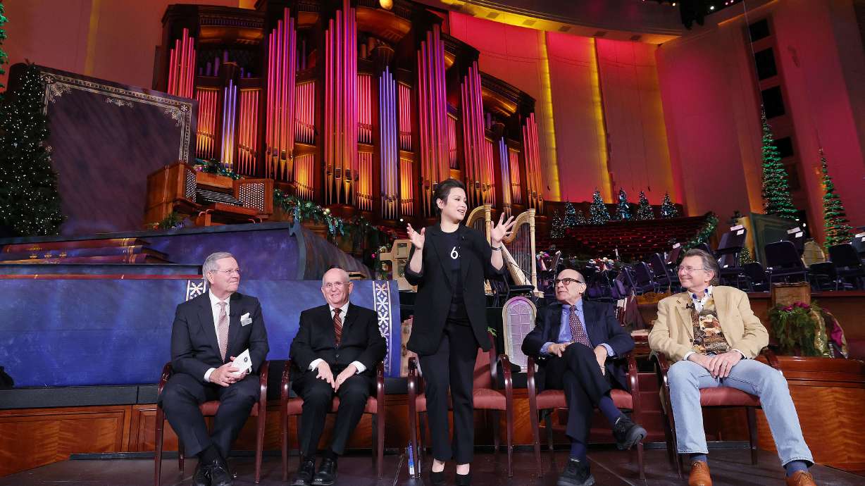 Lea Salonga and Sir David Suchet speak during a press conference for Tabernacle Choir Christmas Concert at the Conference Center in Salt Lake City on Friday. Also pictured are choir president Mike Leavitt, conductor Mack Wilberg and guest Nick Winton.