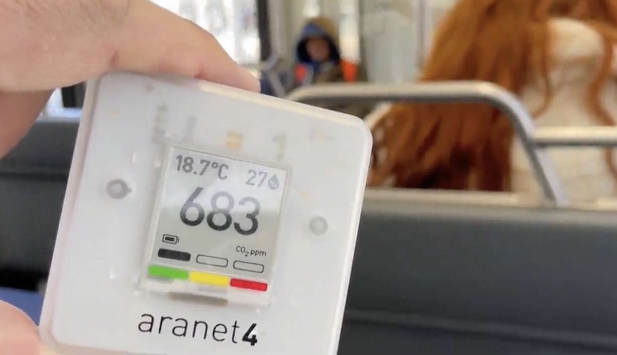The Aranet4 measures carbon-dioxide, and when that number gets over 800, we're basically sharing each-others' air.