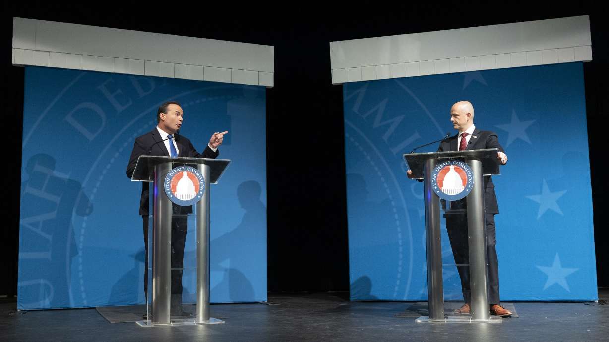 Sen. Mike Lee, R-Utah, and Evan McMullin get heated during their debate at UVU in Orem on Oct. 17.