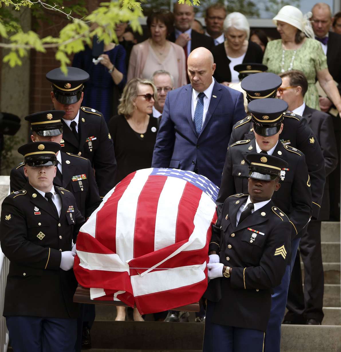 Pallbearers carry the casket of former U.S. Sen. Orrin G. Hatch after the funeral service at The Church of Jesus Christ of Latter-day Saints Institute of Religion adjacent to the University of Utah in Salt Lake City on May 6. Hatch, the longest-serving Republican in the U.S. Senate and the longest-serving senator from Utah, died April 23 at age 88. He was first elected in 1976 and served 42 years in the Senate until retiring after his seventh term in 2019.