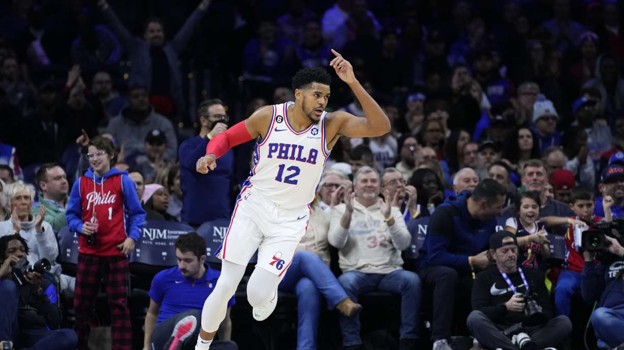 Philadelphia 76ers' Tobias Harris reacts after a basket during the first half of an NBA basketball game against the Toronto Raptors, Monday, Dec. 19, 2022, in Philadelphia.
