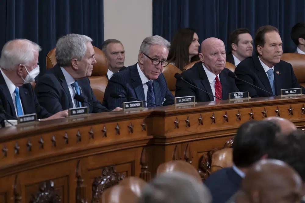 House Ways and Means Committee Chairman Richard Neal, D-Mass., center, and Rep. Kevin Brady, R-Texas, the ranking member, center right, and other committee members, meet to act on former President Donald Trump's tax returns, at the Capitol in Washington, Tuesday.