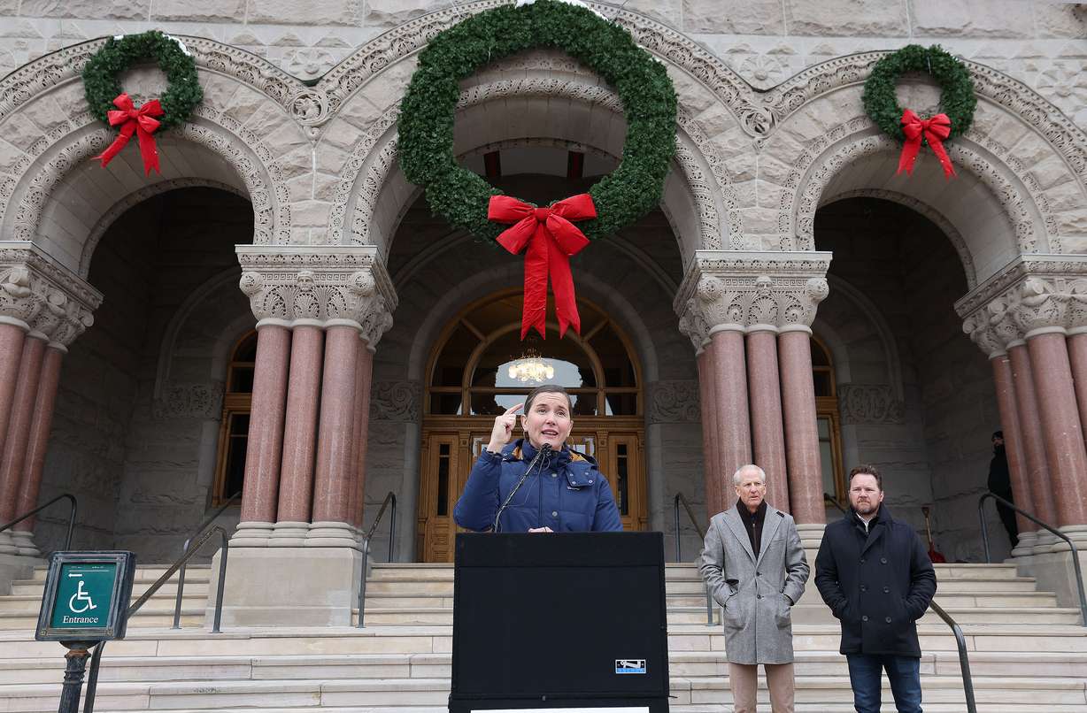 Salt Lake City Mayor Erin Mendenhall speaks during a press conference regarding unsheltered homelessness in Salt Lake City on Tuesday, Dec. 20, 2022.