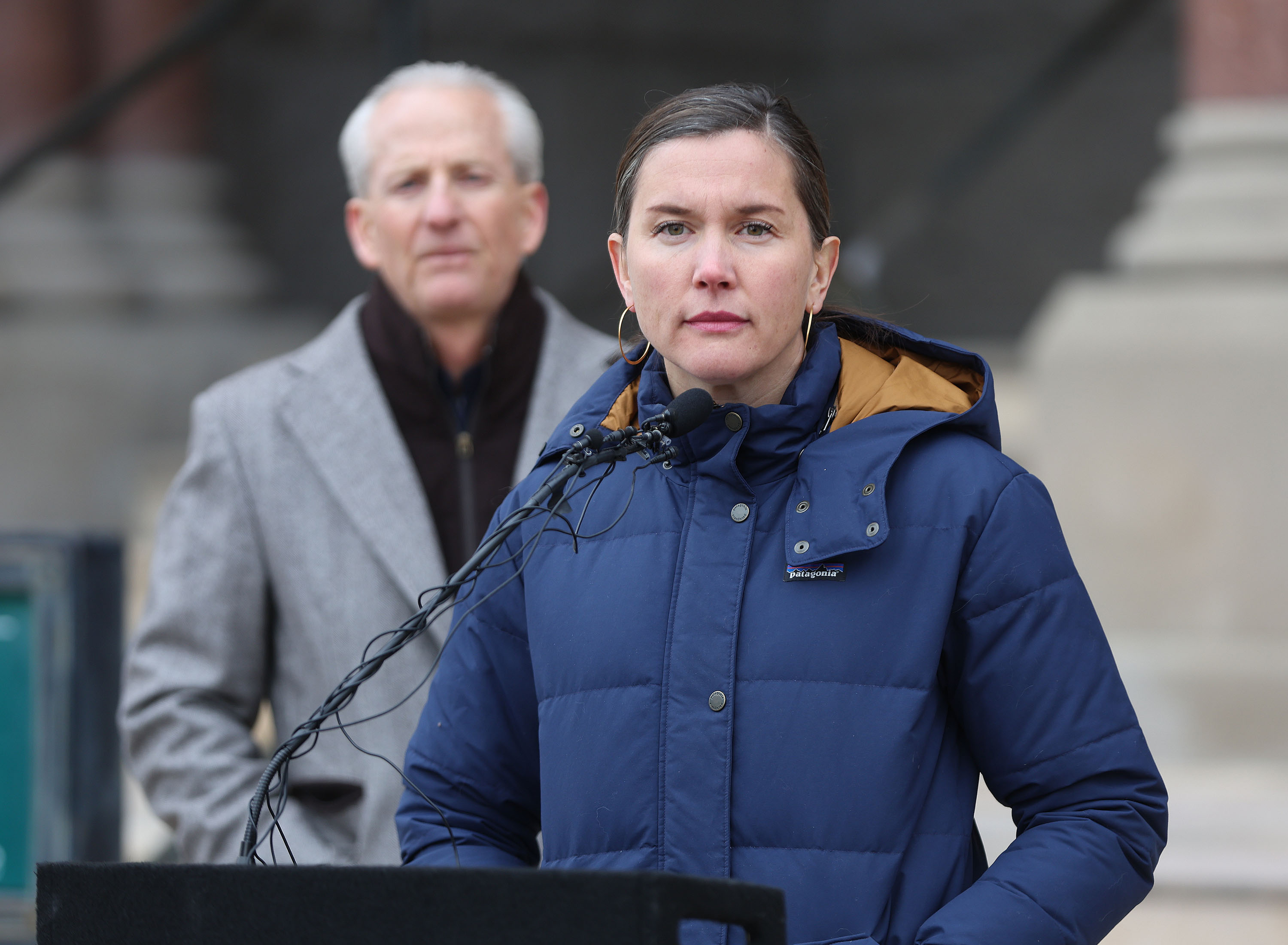 Salt Lake City Mayor Erin Mendenhall and former Senate President Wayne Neiderhauser speak during a press conference regarding unsheltered homelessness in Salt Lake City on Tuesday, Dec. 20, 2022.